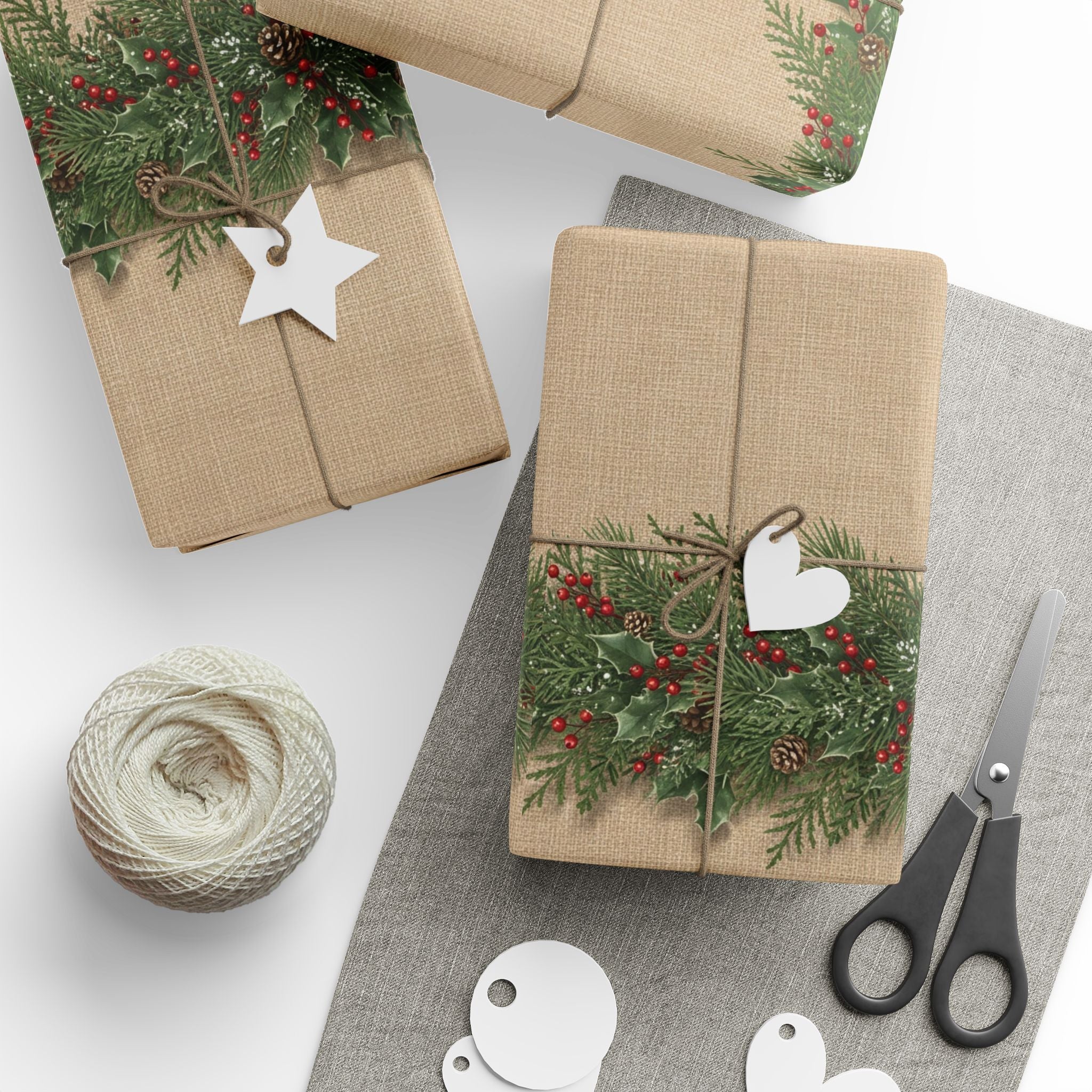 Pine Boughs & Berries Wrapping Paper | Kraft Holiday Gift Wrap Roll