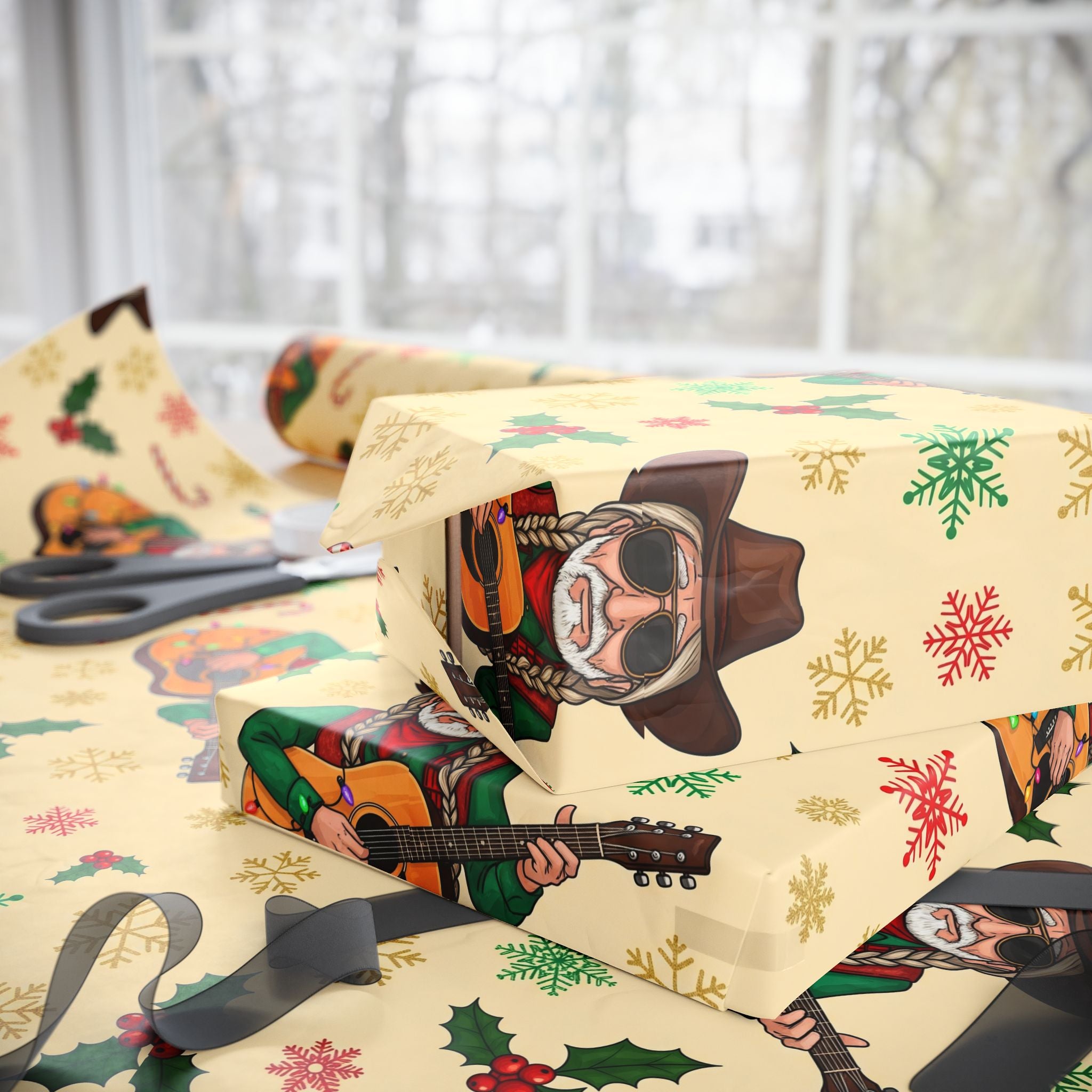 Wrapping Papers, Vintage Cowboy Santa Gift Wrap, Christmas Holiday Decoration, Western Theme, Guitar and Sunglasses, Country Legend, Festive
