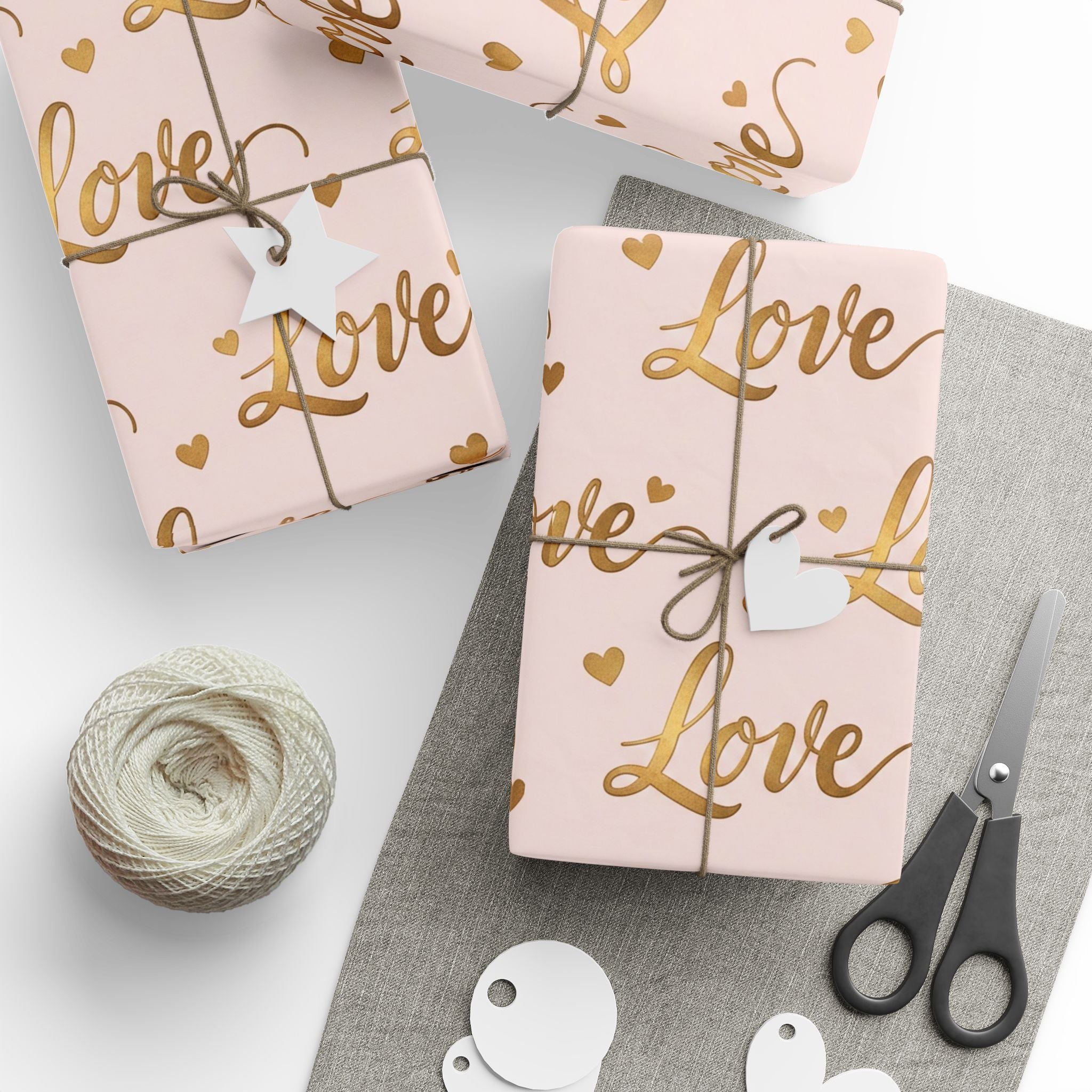 Gold Script "Love" Pattern Wrapping Papers | Pink Metallic Hearts