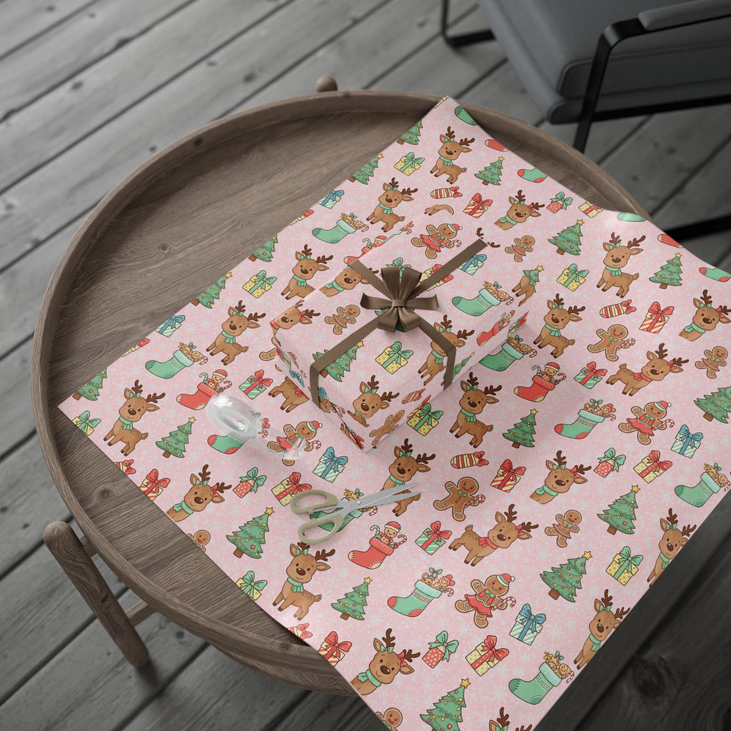 Pink Reindeer and Gingerbread Wrapping Paper, Cute Christmas Gift Wrap for Girls, Holiday Kids Gift Paper, Festive Xmas Packaging