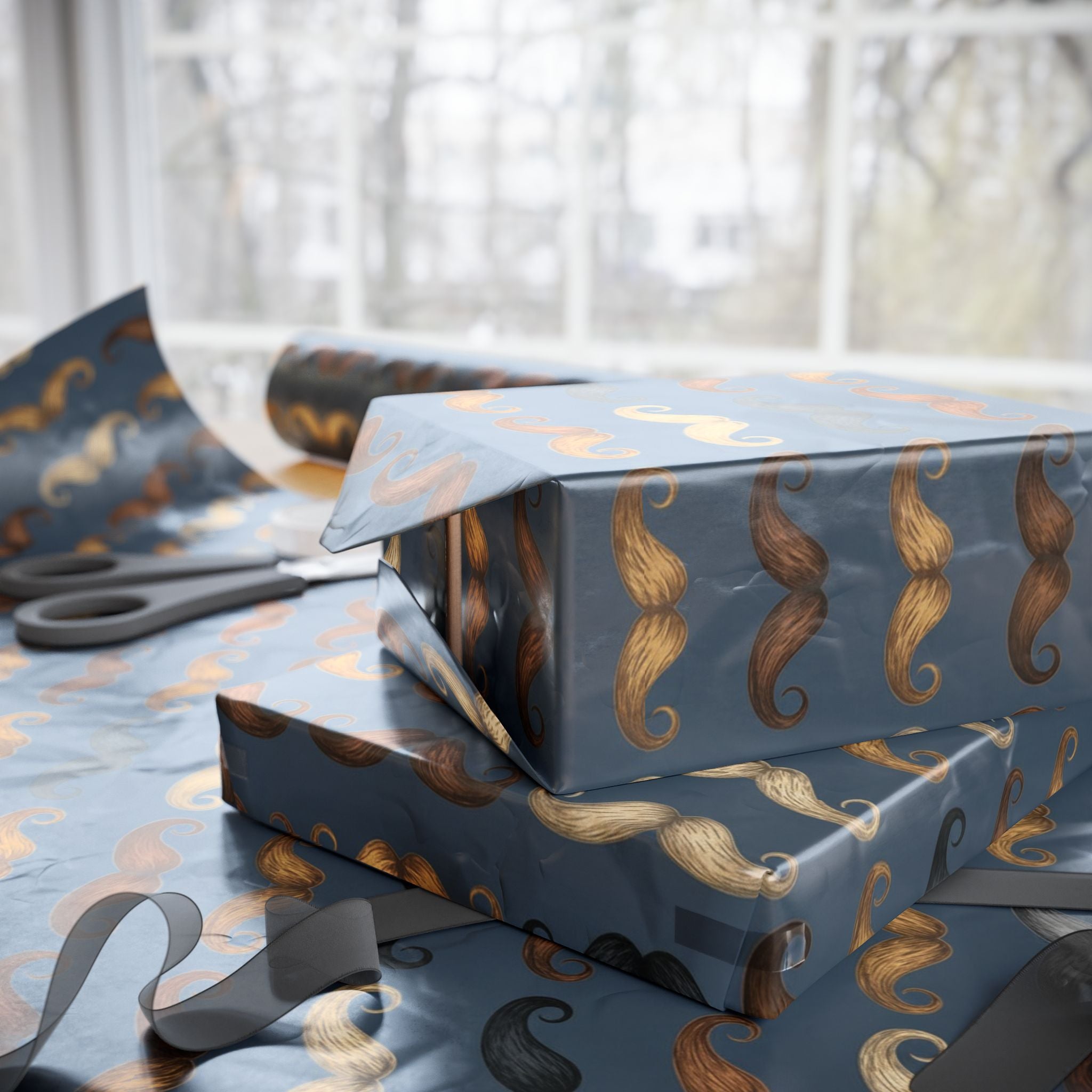 Curly Mustache Pattern Wrapping Paper | Blue Grooming Print