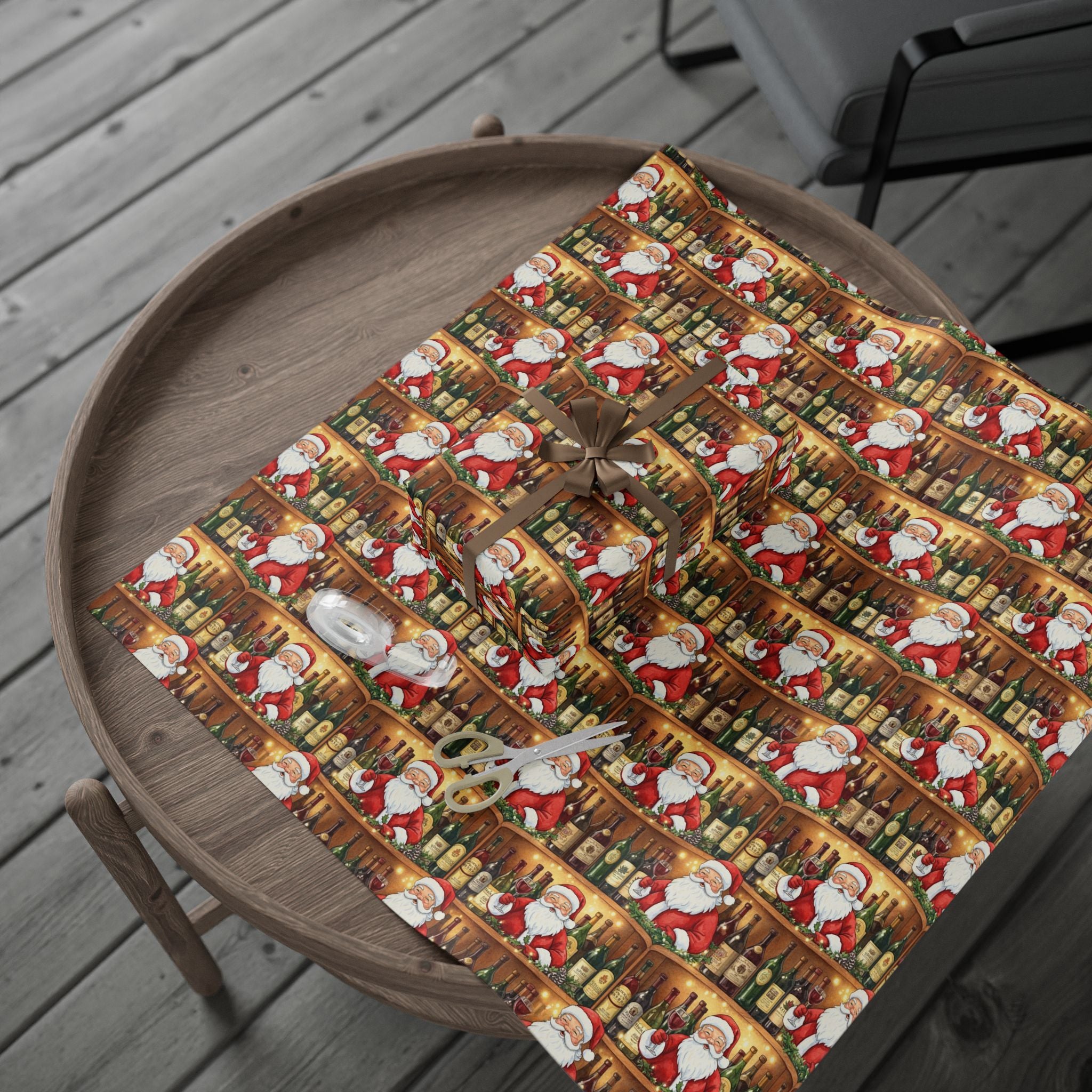 Holiday Santa in the Wine Cellar Wrapping Paper, Christmas Gift Wrap, Festive Wine Lover Present Wrap, Sophisticated Holiday Decor,