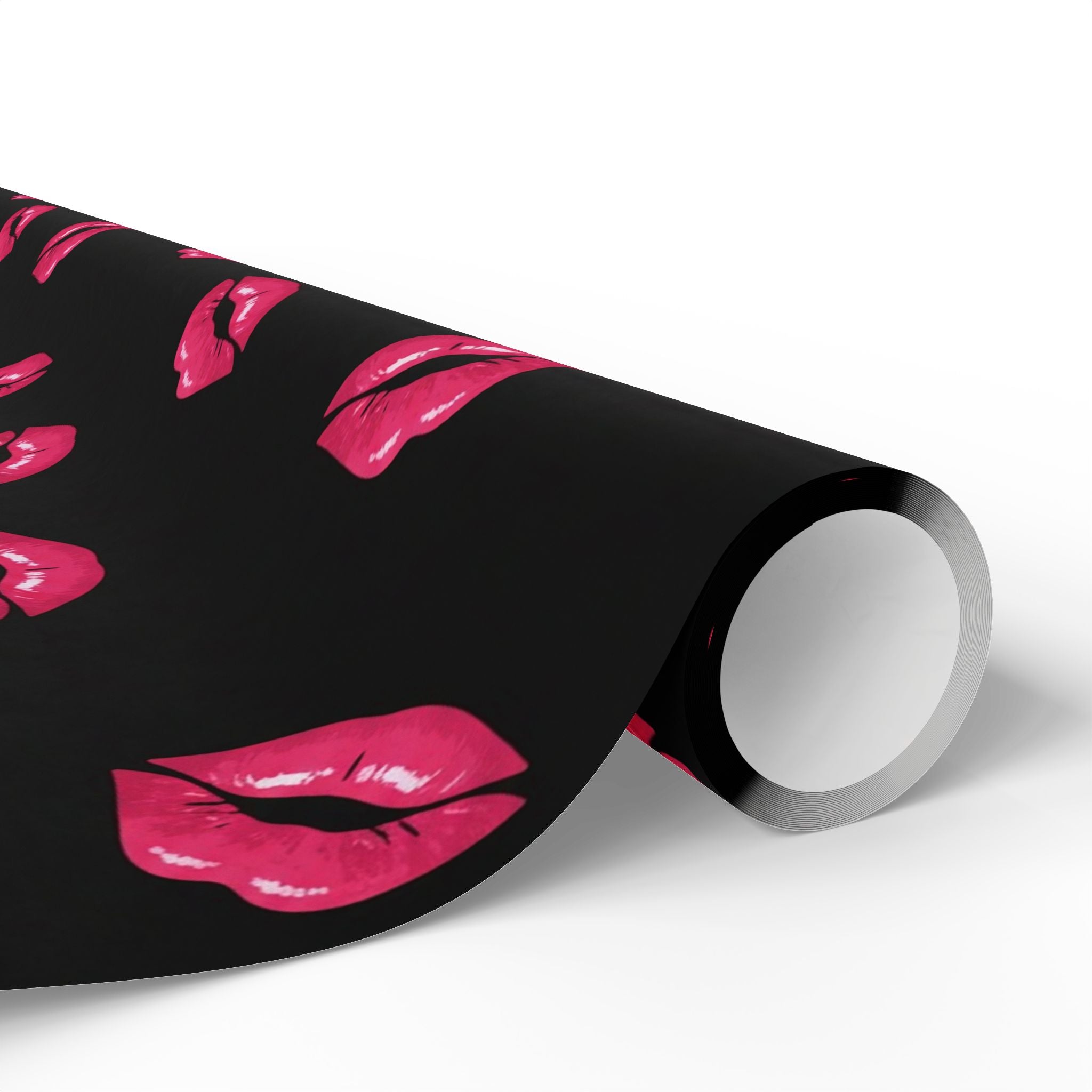 Pink Kiss Lips pattern Wrapping Paper | Black lipstick print