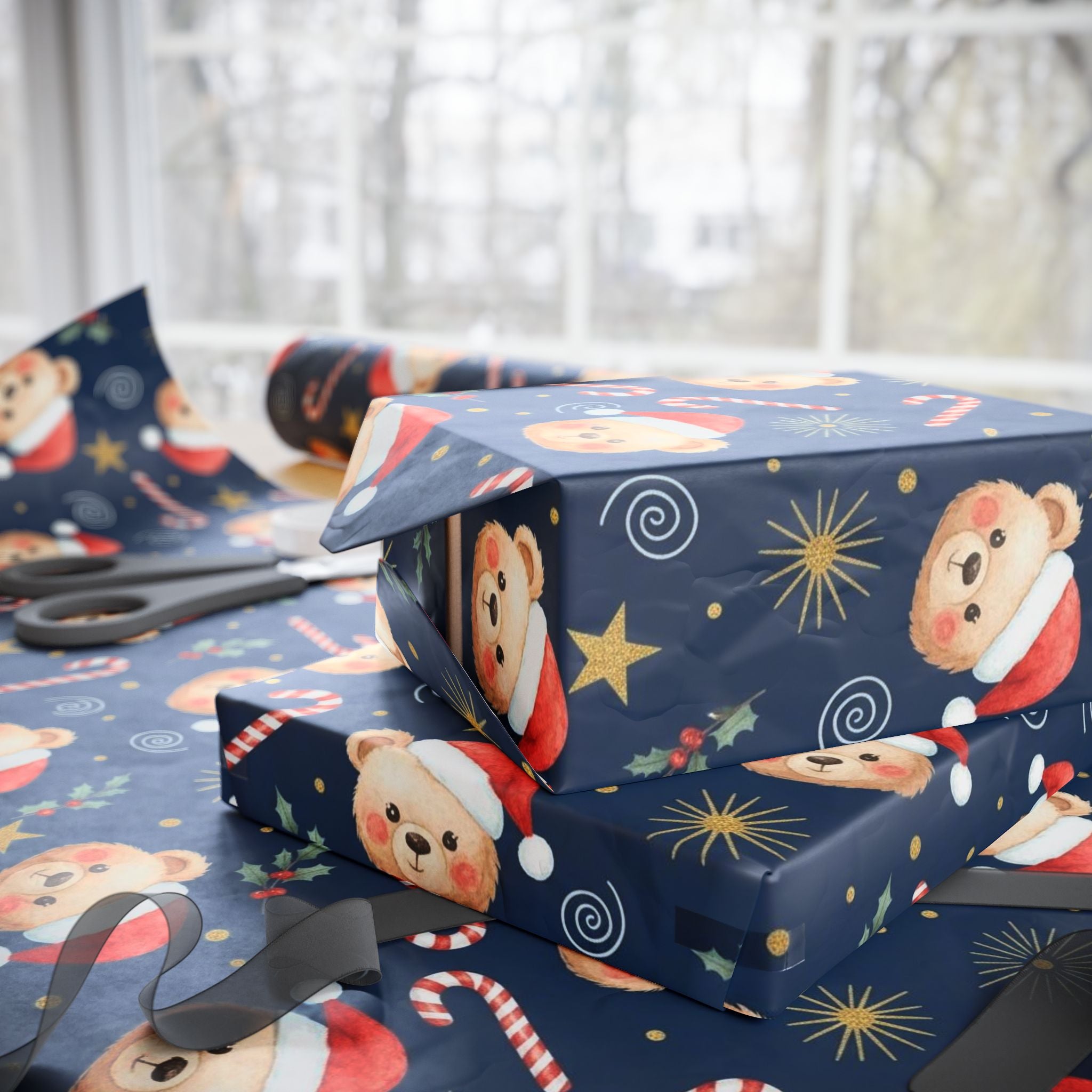 Teddy Bear Christmas Wrapping Paper | Cute Navy Blue Holiday Gift Wrap | Festive Bear Design | Cozy Winter Xmas Wrap | Classic Christmas
