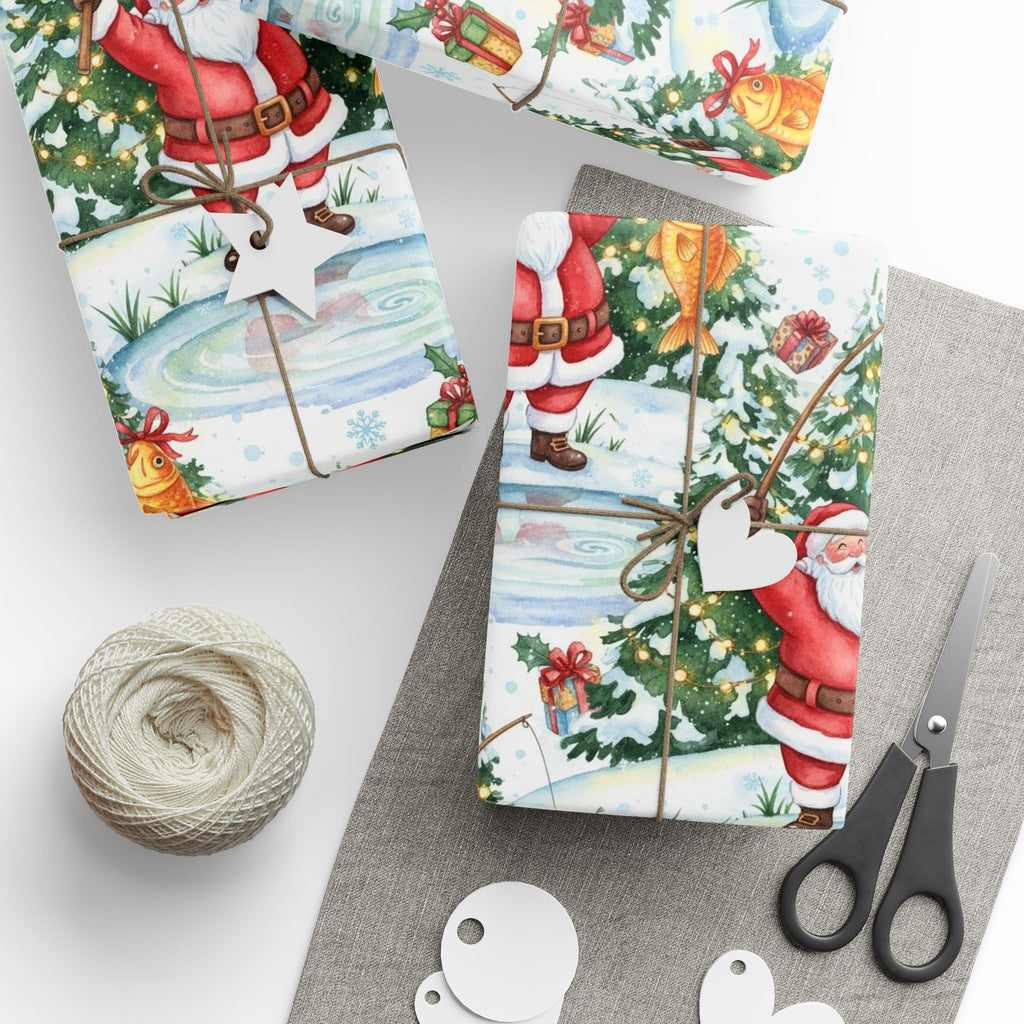 Santa Fishing Wrapping Paper | Funny Christmas Gift Wrap | Holiday Paper for Fishermen | Santa Catching Fish | Outdoor Xmas Gift Wrap