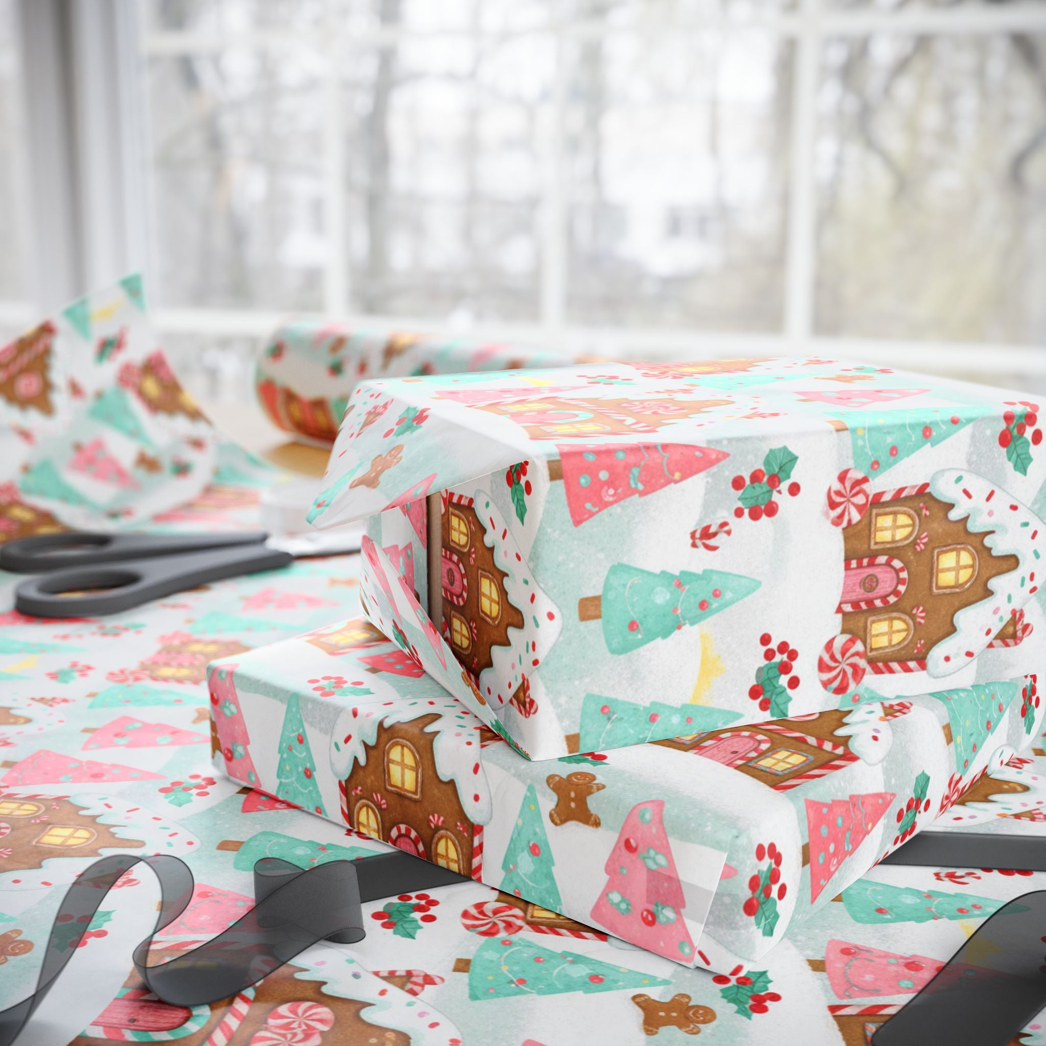 Wrapping Papers - Pastel Pink Gingerbread Sweet Christmas Gift Wrap Candy House Holiday Design, Gift Wrap, Christmas Gift Wrap, Holiday
