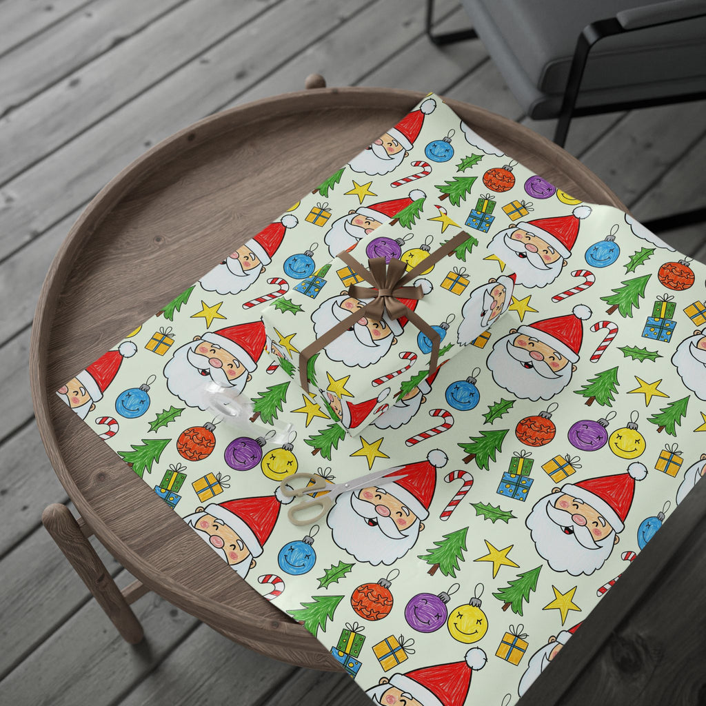 Kids Scribble Santa Wrapping Paper, Cute Christmas Gift Wrap with Childlike Coloring of Santa and Presents, Fun Holiday Kids Gift Paper