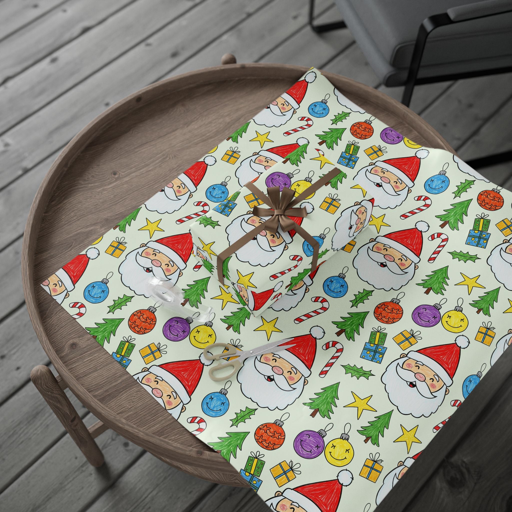 Kids Scribble Santa Wrapping Paper, Cute Christmas Gift Wrap with Childlike Coloring of Santa and Presents, Fun Holiday Kids Gift Paper