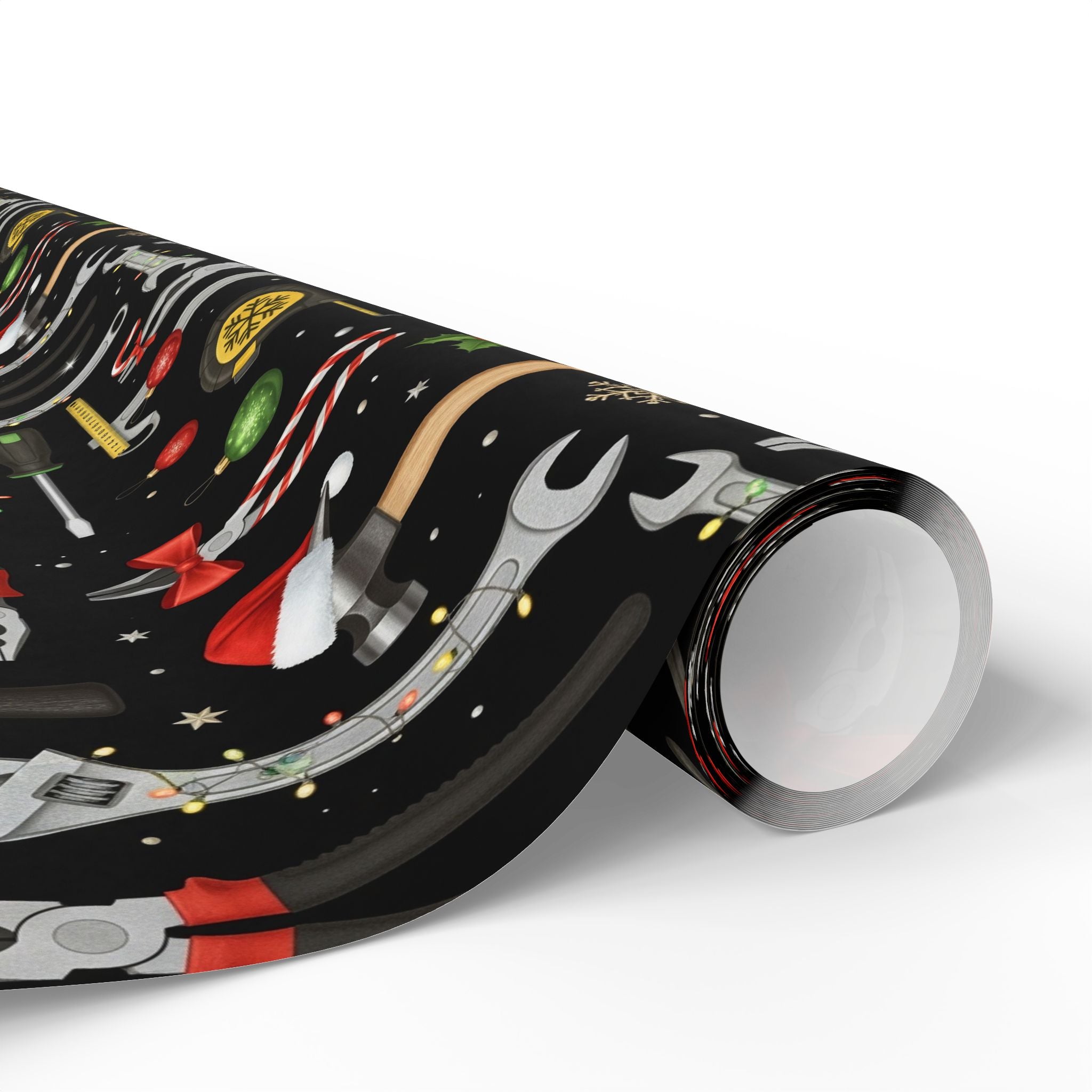 Mens Tools Wrapping Paper, Funny Christmas Gift Wrap with Wrenches, Hammers and Tools in Holiday Lights, Gag Xmas Packaging