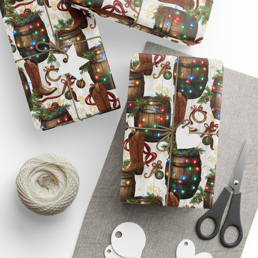 Cowboy Boots Christmas Wrapping Papers, Country Western Holiday Gift Wrap, Rustic Party Supplies, Unique Festive Packaging, Colorful Lights