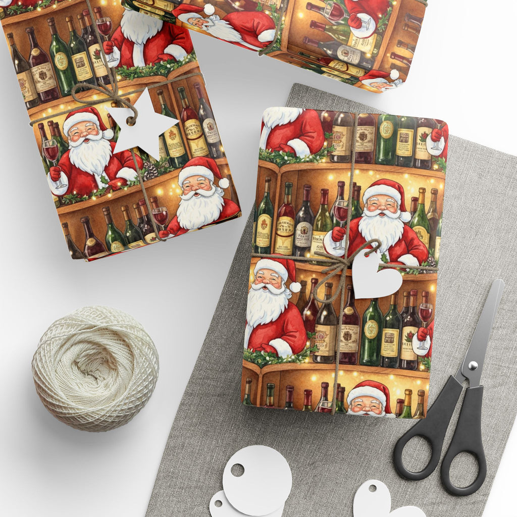 Holiday Santa in the Wine Cellar Wrapping Paper, Christmas Gift Wrap, Festive Wine Lover Present Wrap, Sophisticated Holiday Decor,
