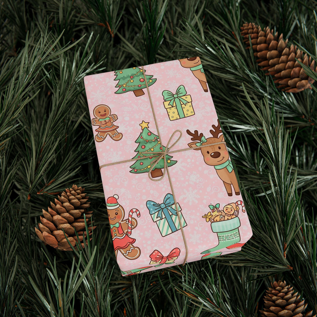 Pink Reindeer and Gingerbread Wrapping Paper, Cute Christmas Gift Wrap for Girls, Holiday Kids Gift Paper, Festive Xmas Packaging