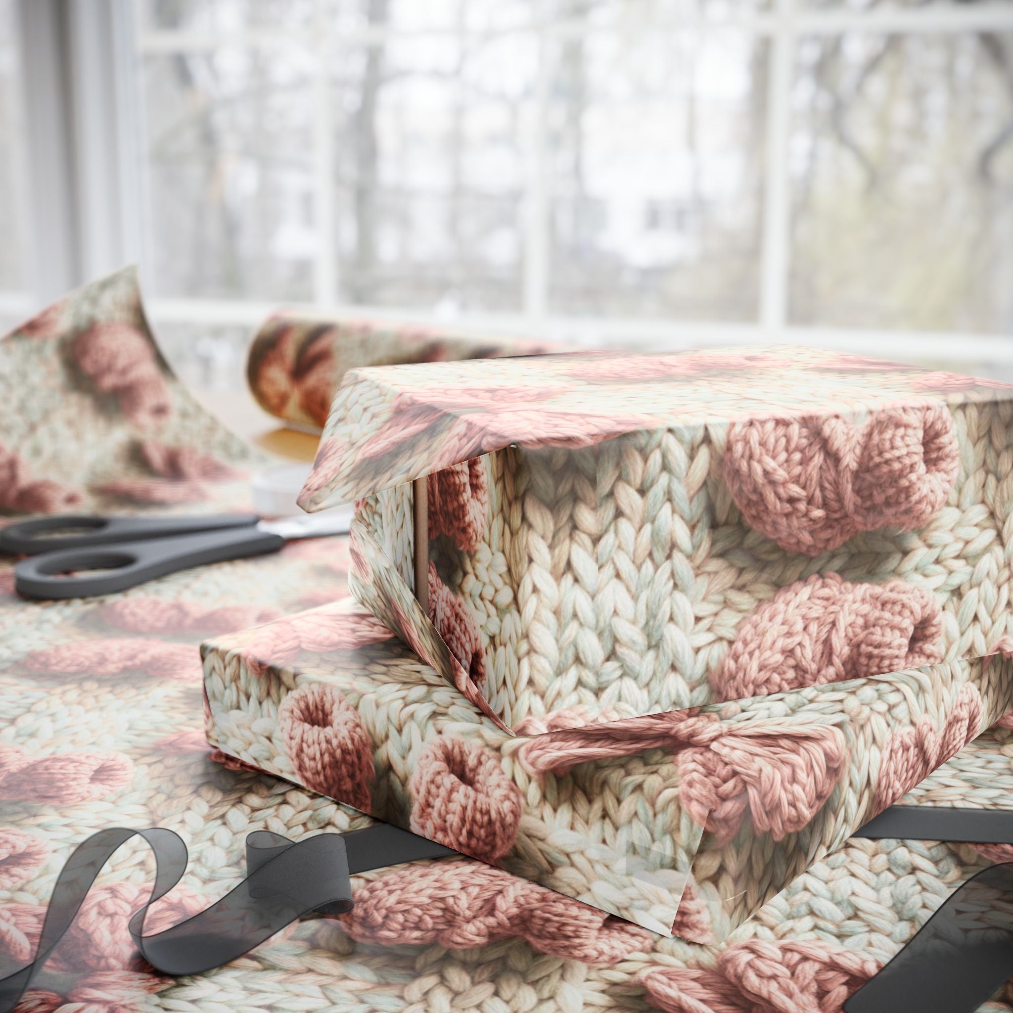 Knit Baby Shower Girl Wrapping Paper | Cozy Cable Knit Print