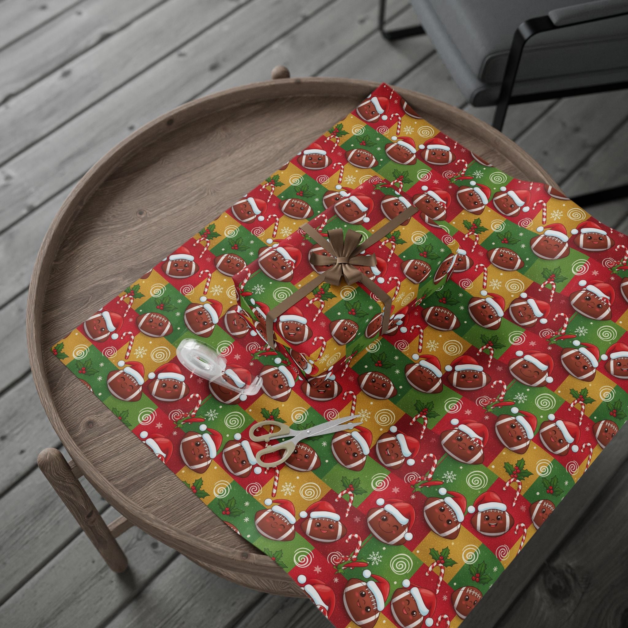 Christmas Football Wrapping Paper - Santa Hats & Snowflakes, Sports Fan Holiday Gift Wrap