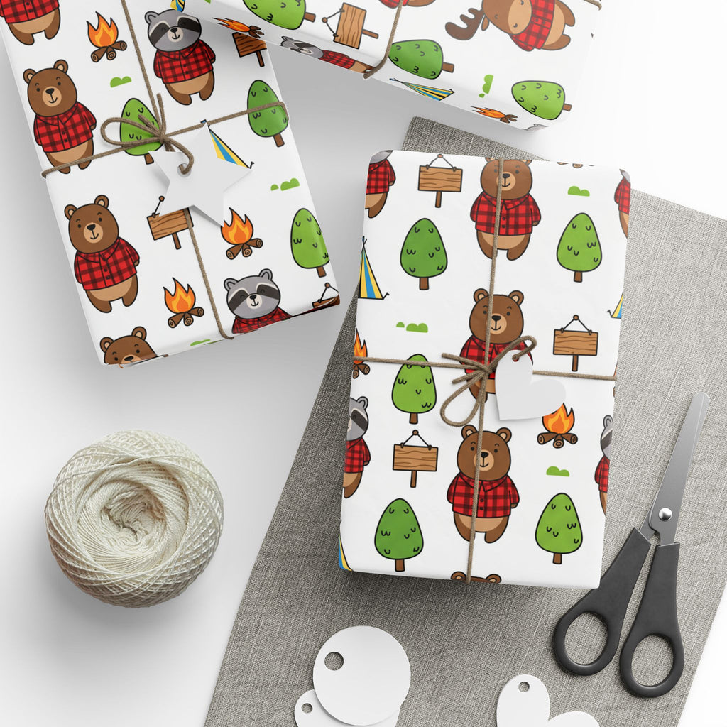 Camping Cartoon Wrapping Papers, Birthday Gift Wrap for Boys, Adventure Party Supplies, Toddler Party Favors, Outdoor Explorer Theme,
