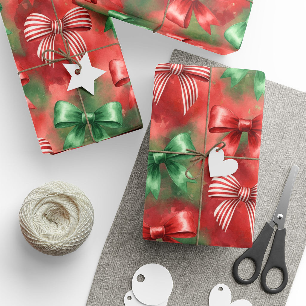 Christmas Wrapping Paper, Festive Red Green Bows Holiday Gift Wrap for Family Friends Teachers, Watercolor Design