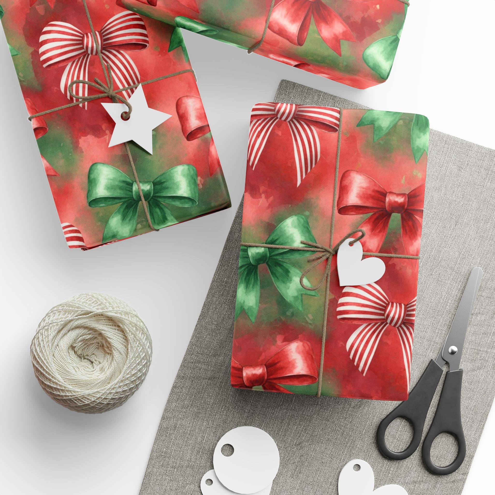 Christmas Wrapping Paper, Festive Red Green Bows Holiday Gift Wrap for Family Friends Teachers, Watercolor Design