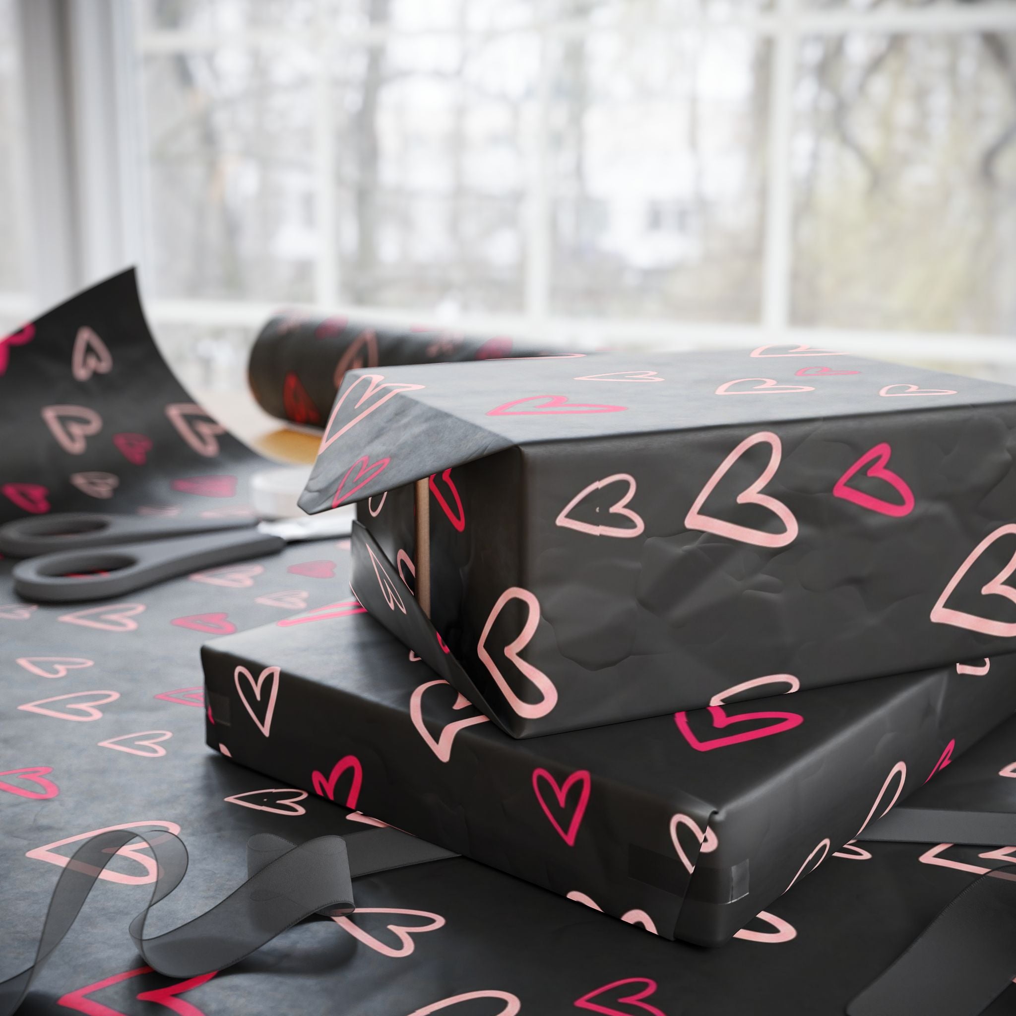 Heart Pattern Wrapping Paper — Black Pink Valentine Gift Wrap