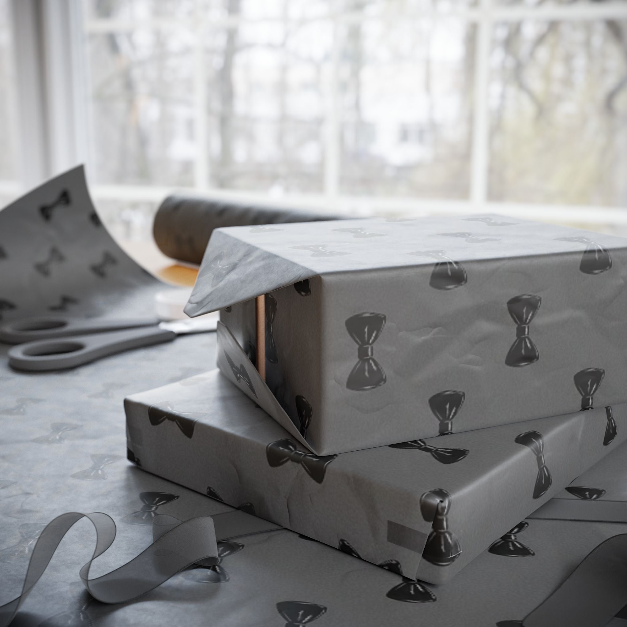 Black Bow Tie Pattern Wrapping Paper | Grey Black Gift Wrap Roll