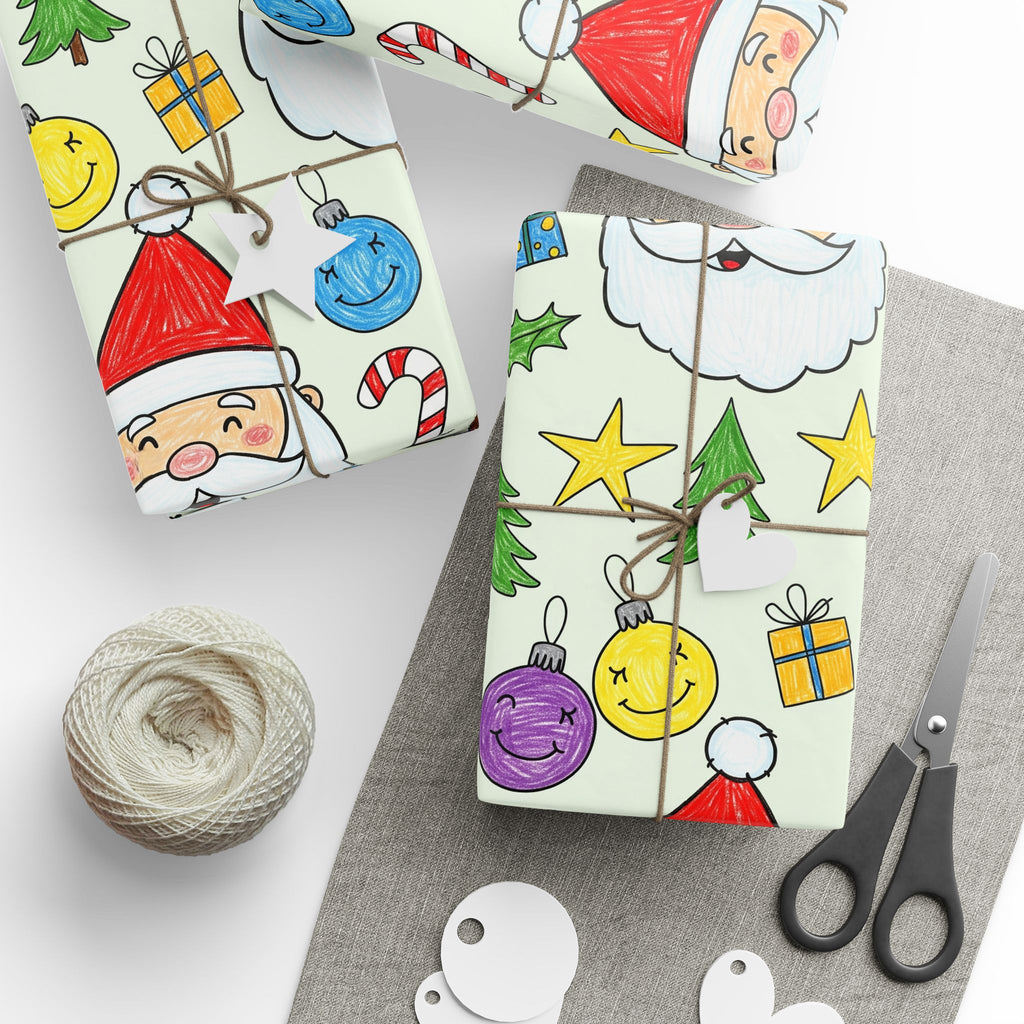 Kids Scribble Santa Wrapping Paper, Cute Christmas Gift Wrap with Childlike Coloring of Santa and Presents, Fun Holiday Kids Gift Paper