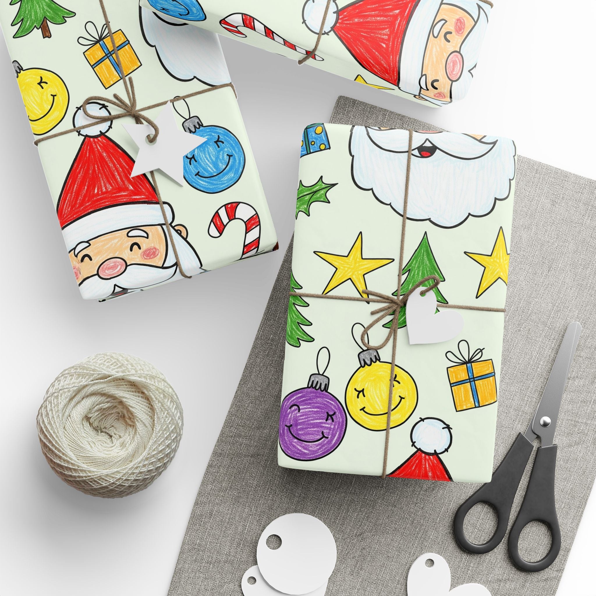 Kids Scribble Santa Wrapping Paper, Cute Christmas Gift Wrap with Childlike Coloring of Santa and Presents, Fun Holiday Kids Gift Paper