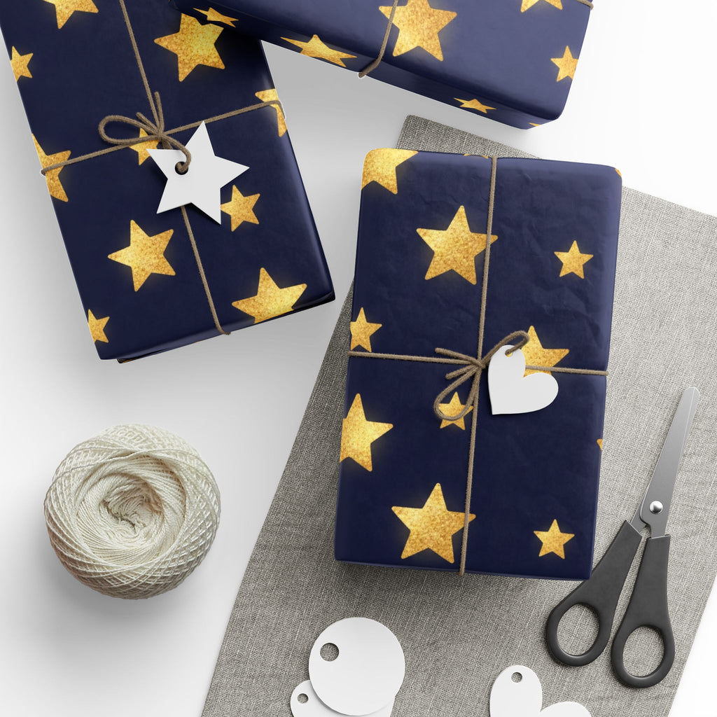 Gold Star Pattern Wrapping Paper | Navy Holiday Gift Wrap