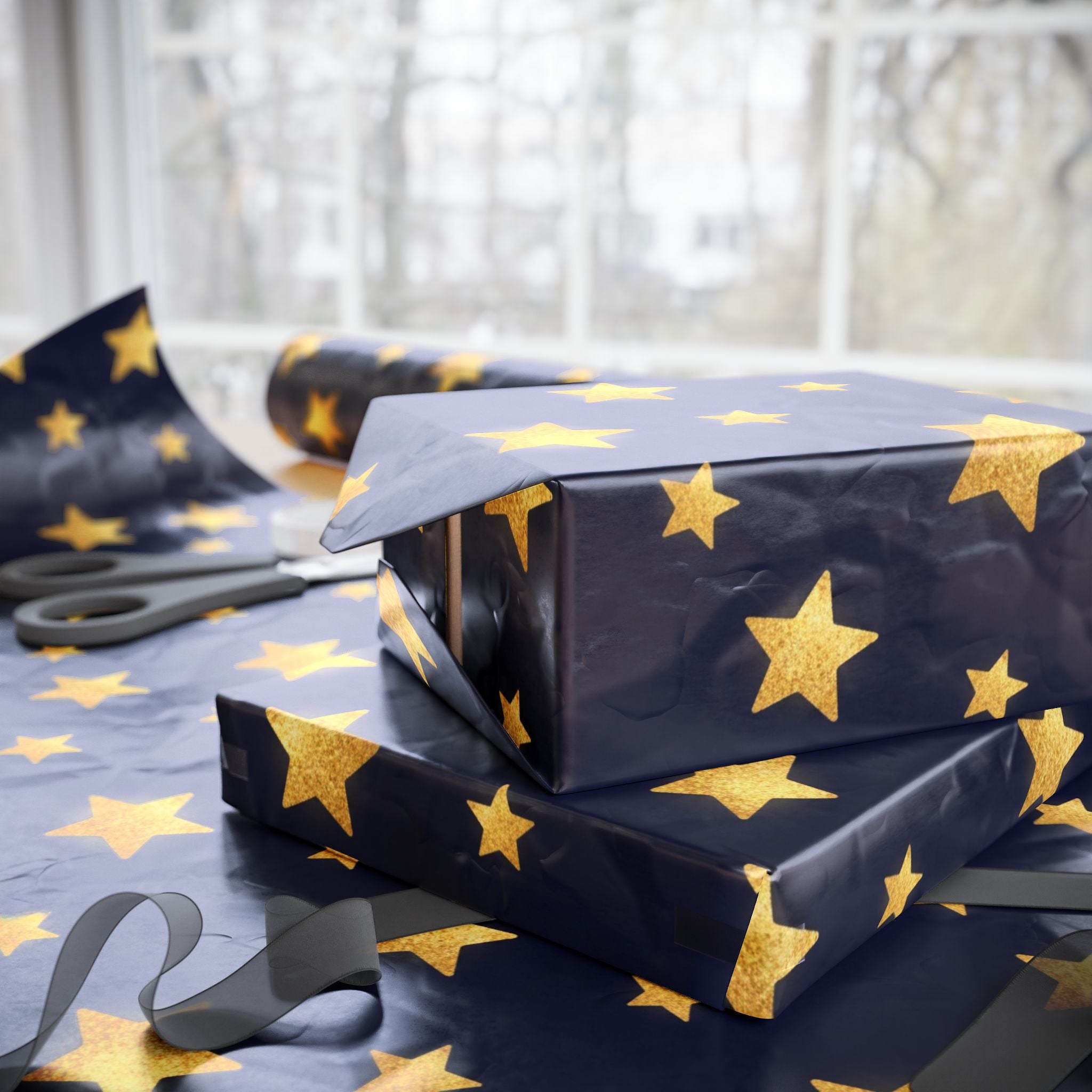 Gold Star Pattern Wrapping Paper | Navy Holiday Gift Wrap