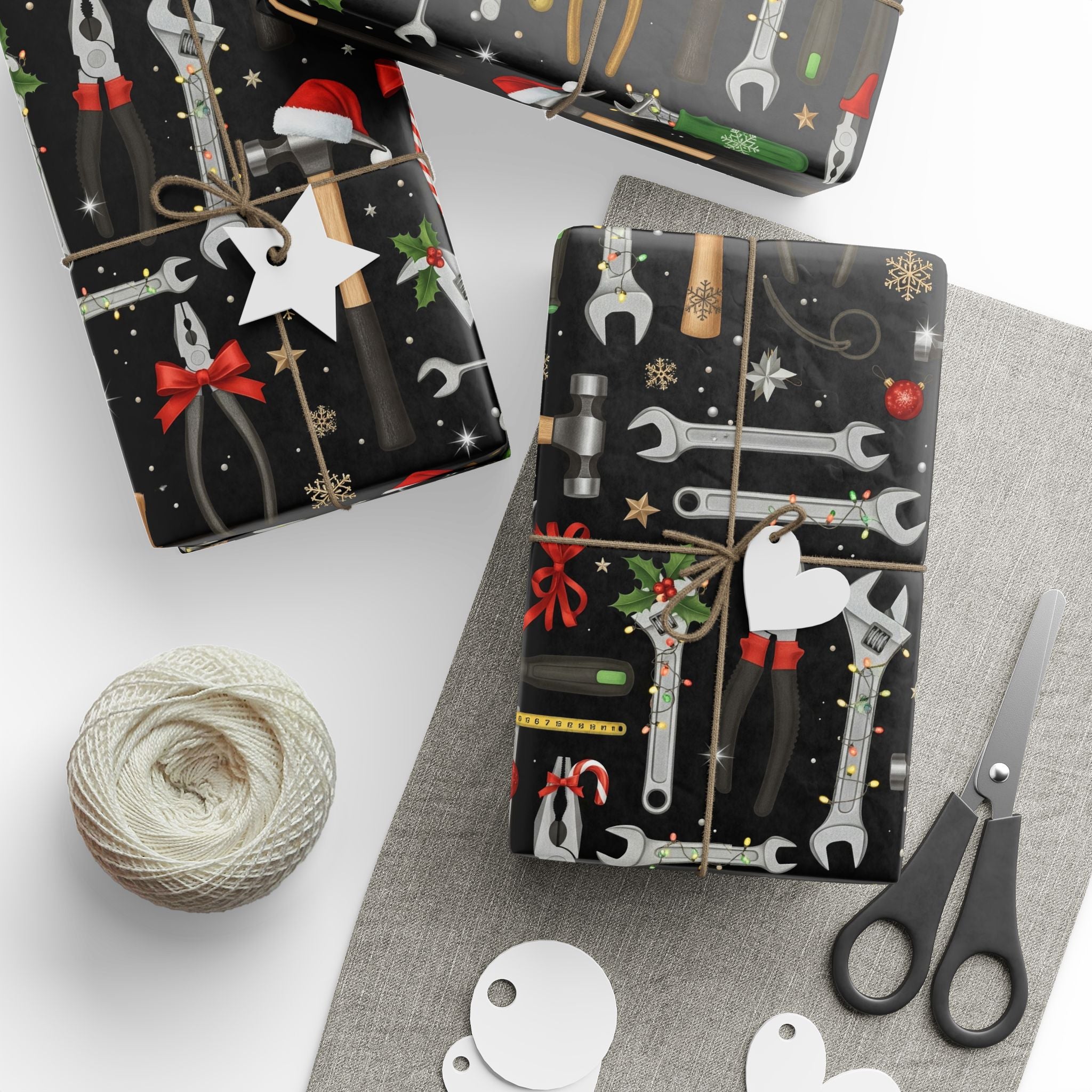 Mens Tools Wrapping Paper, Funny Christmas Gift Wrap with Wrenches, Hammers and Tools in Holiday Lights, Gag Xmas Packaging