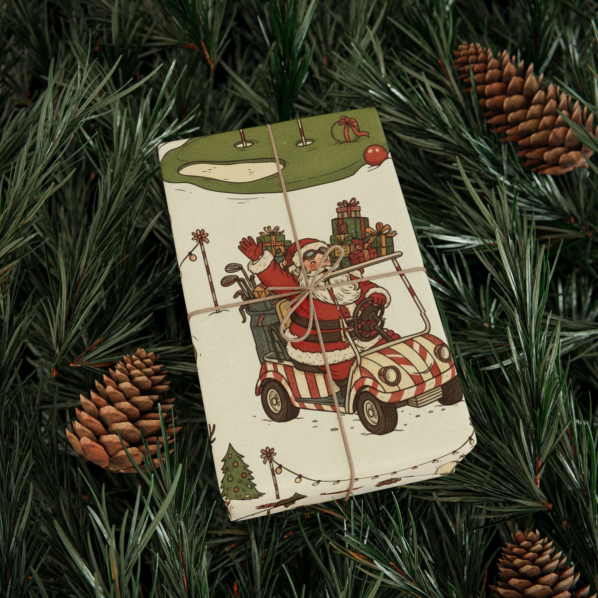 Wrapping Papers, Christmas Santa Golf Cart Pattern, Holiday Gift Wrap, Festive Seamless Design, Cheerful Vintage Style