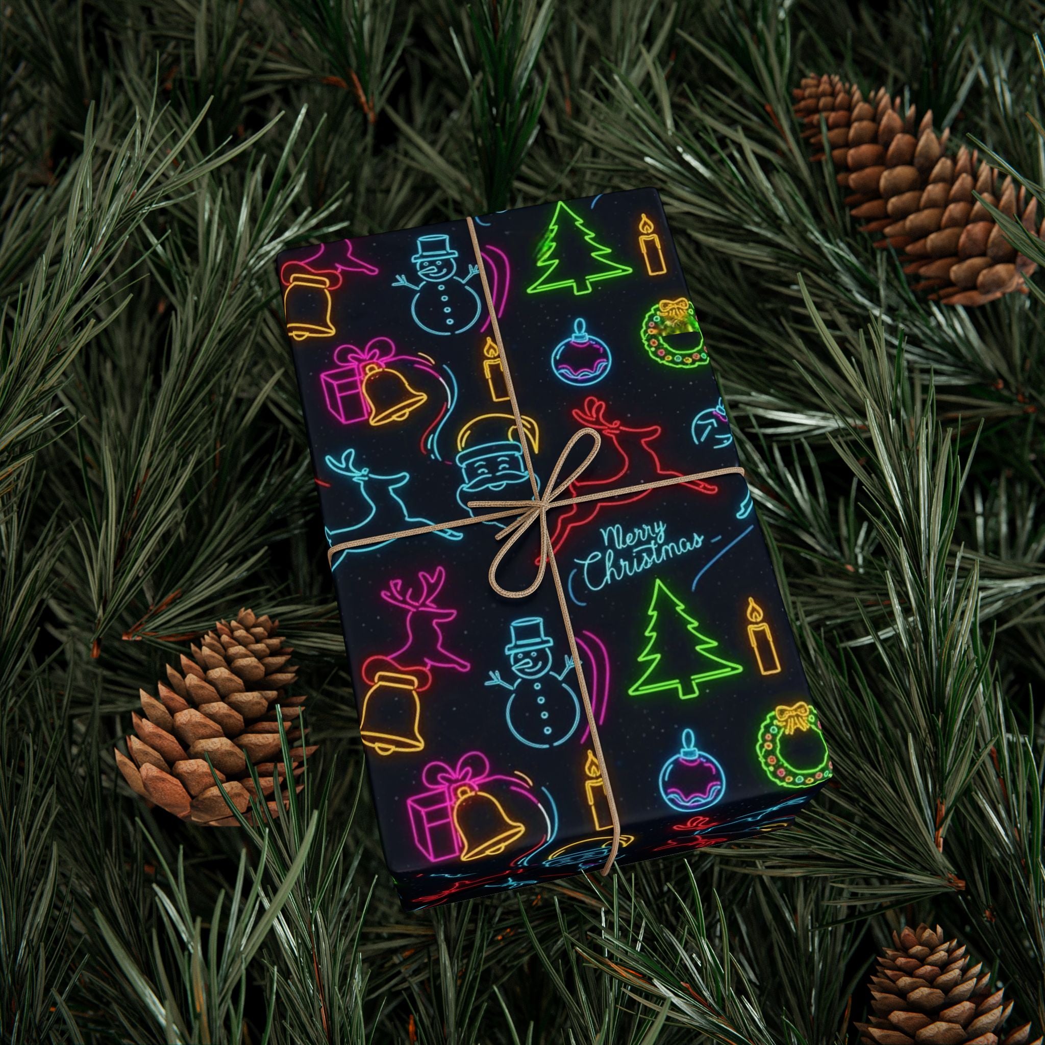 Black Neon Christmas Wrapping Paper | Trendy Teen Gift Wrap | Modern Holiday Paper | Bright Reindeer Wreath Candle  Festive Xmas Decor