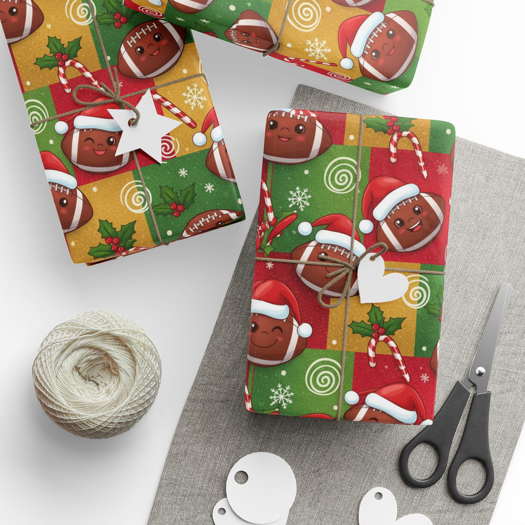 Christmas Football Wrapping Paper - Santa Hats & Snowflakes, Sports Fan Holiday Gift Wrap