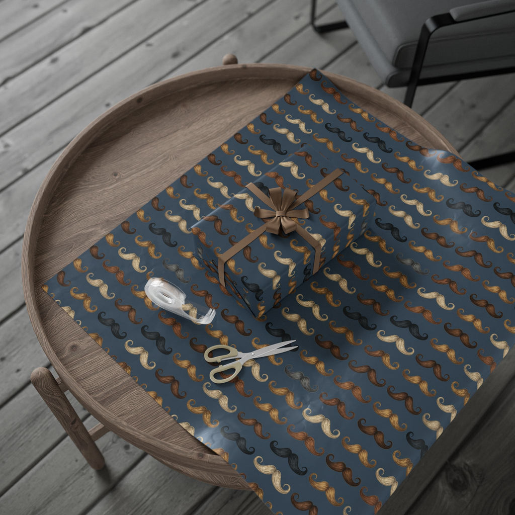 Curly Mustache Pattern Wrapping Paper | Blue Grooming Print