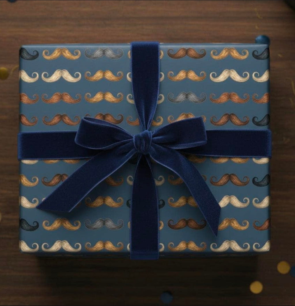 Curly Mustache Pattern Wrapping Paper | Blue Grooming Print