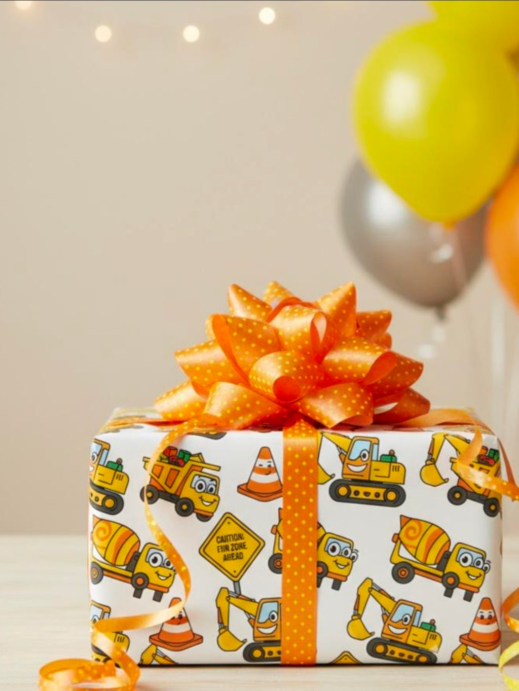 Construction Birthday Wrapping Papers, Dump Truck Digger Cement Mixer Yellow Orange Gift Wrap, Kids Party Supplies, Building Site Theme,