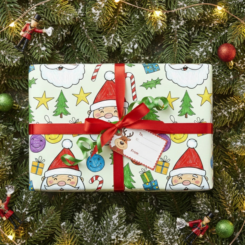 Kids Scribble Santa Wrapping Paper, Cute Christmas Gift Wrap with Childlike Coloring of Santa and Presents, Fun Holiday Kids Gift Paper