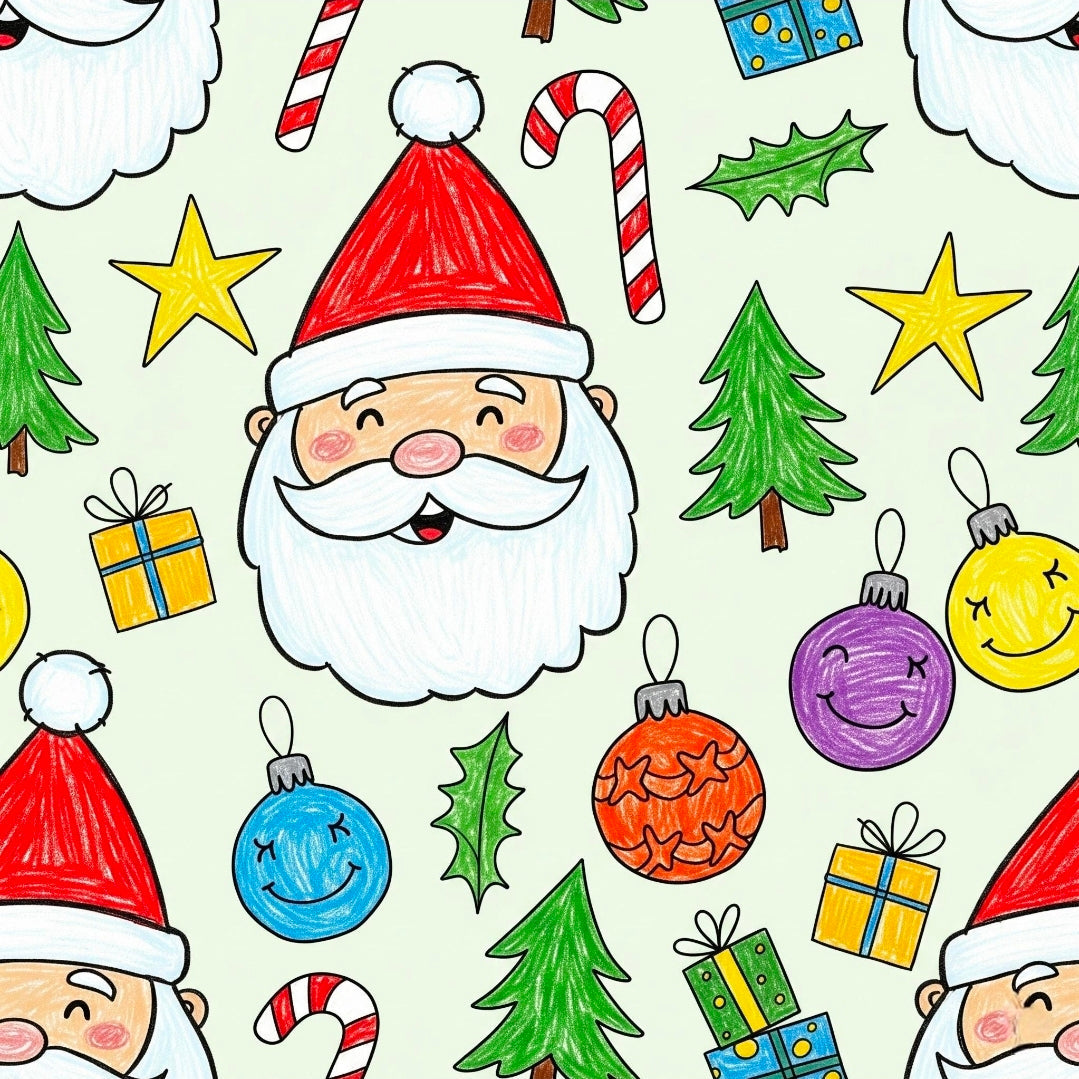 Kids Scribble Santa Wrapping Paper, Cute Christmas Gift Wrap with Childlike Coloring of Santa and Presents, Fun Holiday Kids Gift Paper