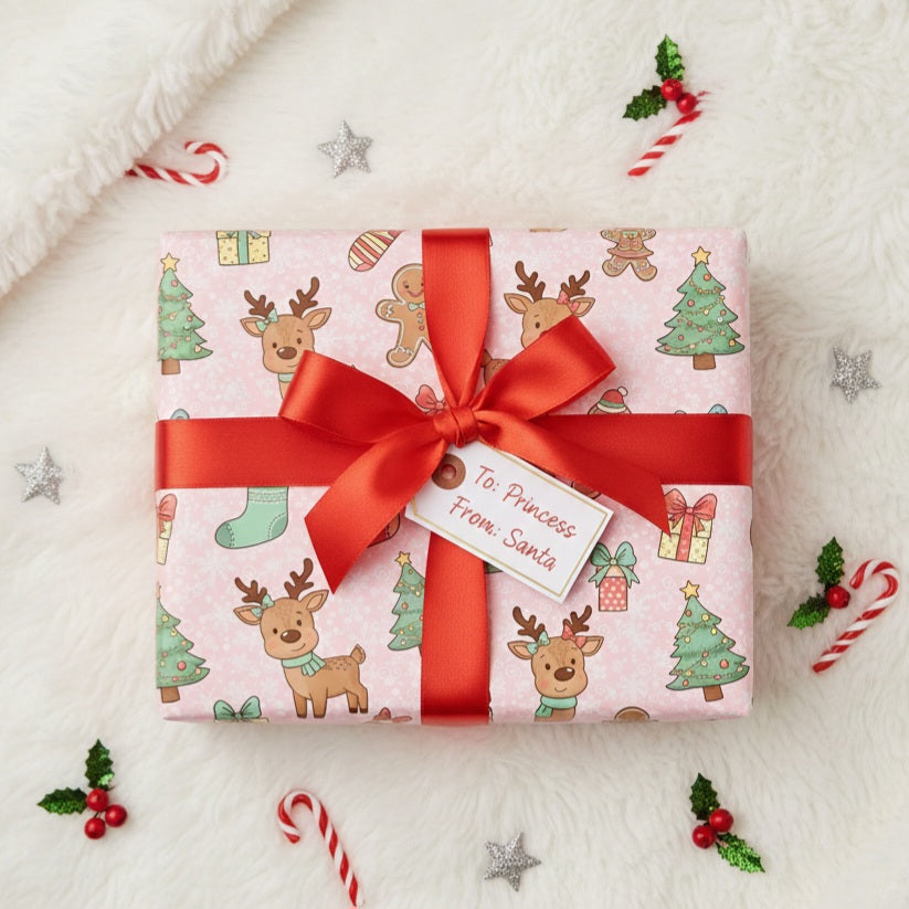 Pink Reindeer and Gingerbread Wrapping Paper, Cute Christmas Gift Wrap for Girls, Holiday Kids Gift Paper, Festive Xmas Packaging