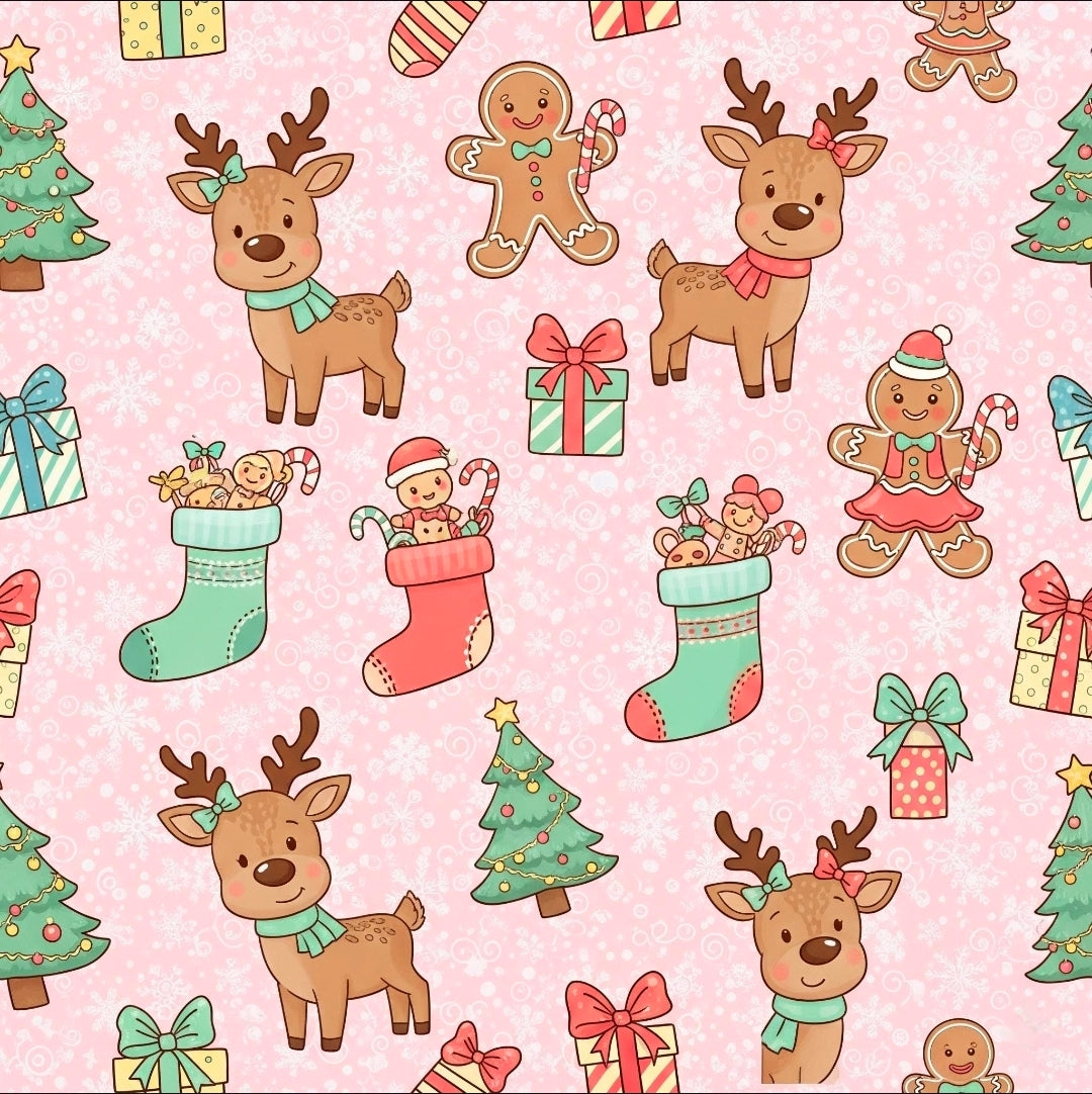 Pink Reindeer and Gingerbread Wrapping Paper, Cute Christmas Gift Wrap for Girls, Holiday Kids Gift Paper, Festive Xmas Packaging
