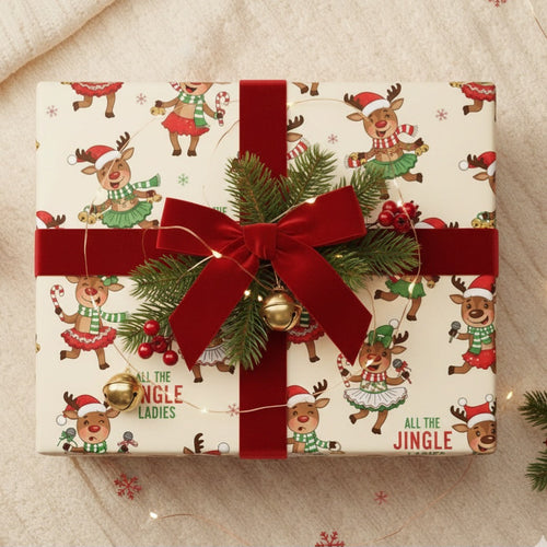 All the Jingle Ladies Wrapping Paper, Funny Singing & Dancing Reindeer Christmas Gift Wrap, Cute Holiday Packaging, Novelty Xmas Paper