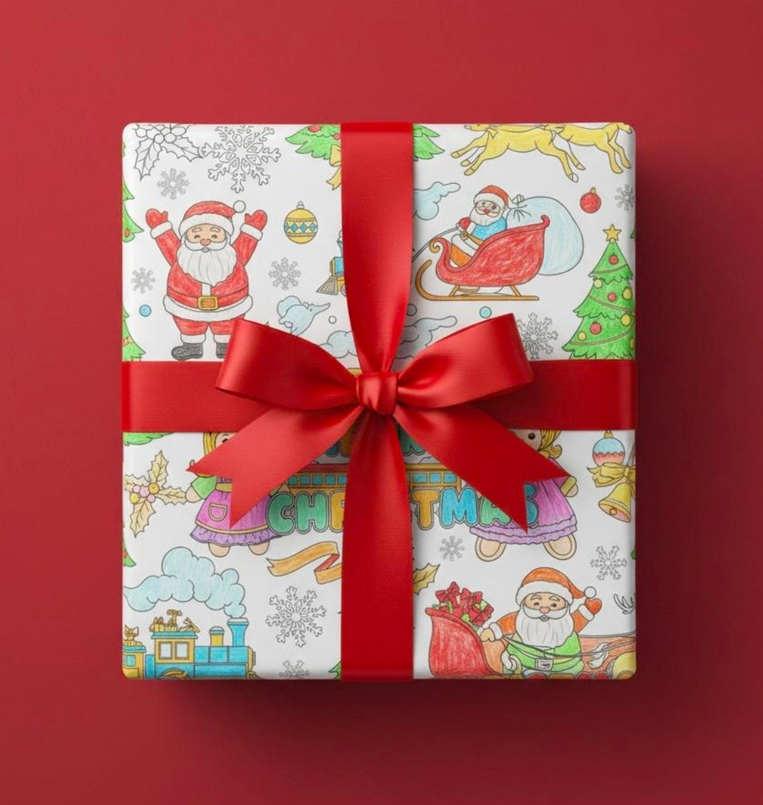 Coloring Christmas Wrapping Paper, Matte Gift Wrap with Dolls, Trains, Santas and Ornaments, Kids Holiday Sketch Paper to Color