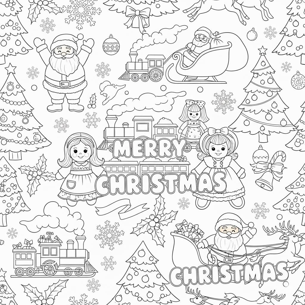 Coloring Christmas Wrapping Paper, Matte Gift Wrap with Dolls, Trains, Santas and Ornaments, Kids Holiday Sketch Paper to Color