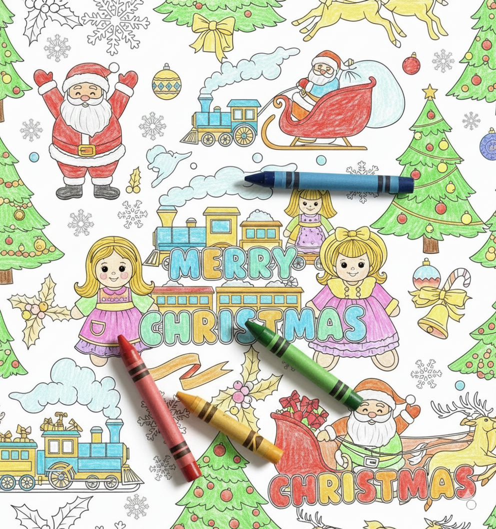 Coloring Christmas Wrapping Paper, Matte Gift Wrap with Dolls, Trains, Santas and Ornaments, Kids Holiday Sketch Paper to Color