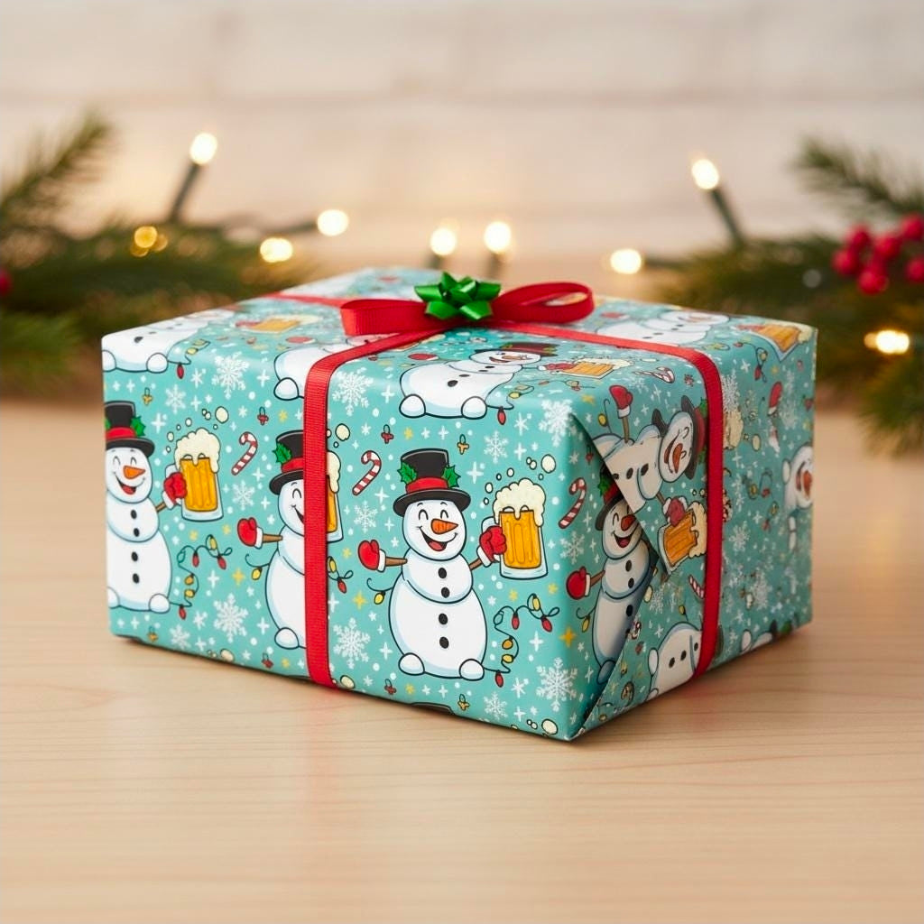 Christmas Beer Wrapping Paper, Funny Frosty the Snowman Gift Wrap for Men, Adult Humor Holiday