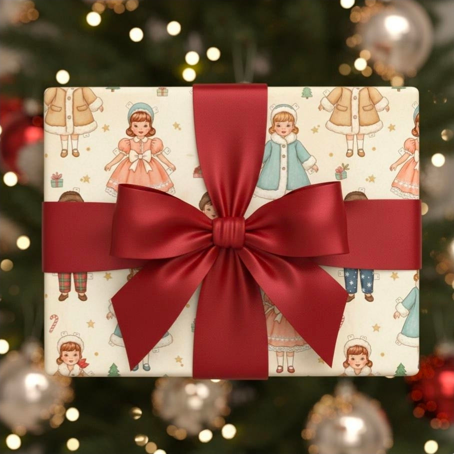 Vintage Christmas Paper Doll Wrapping Papers | Old-Fashioned Nostalgic Holiday Wrap, Retro Packaging, Paper Dolls Christmas Gift Wrap