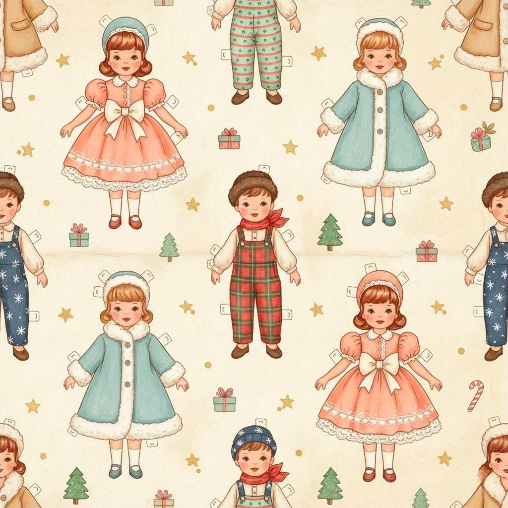 Vintage Christmas Paper Doll Wrapping Papers | Old-Fashioned Nostalgic Holiday Wrap, Retro Packaging, Paper Dolls Christmas Gift Wrap
