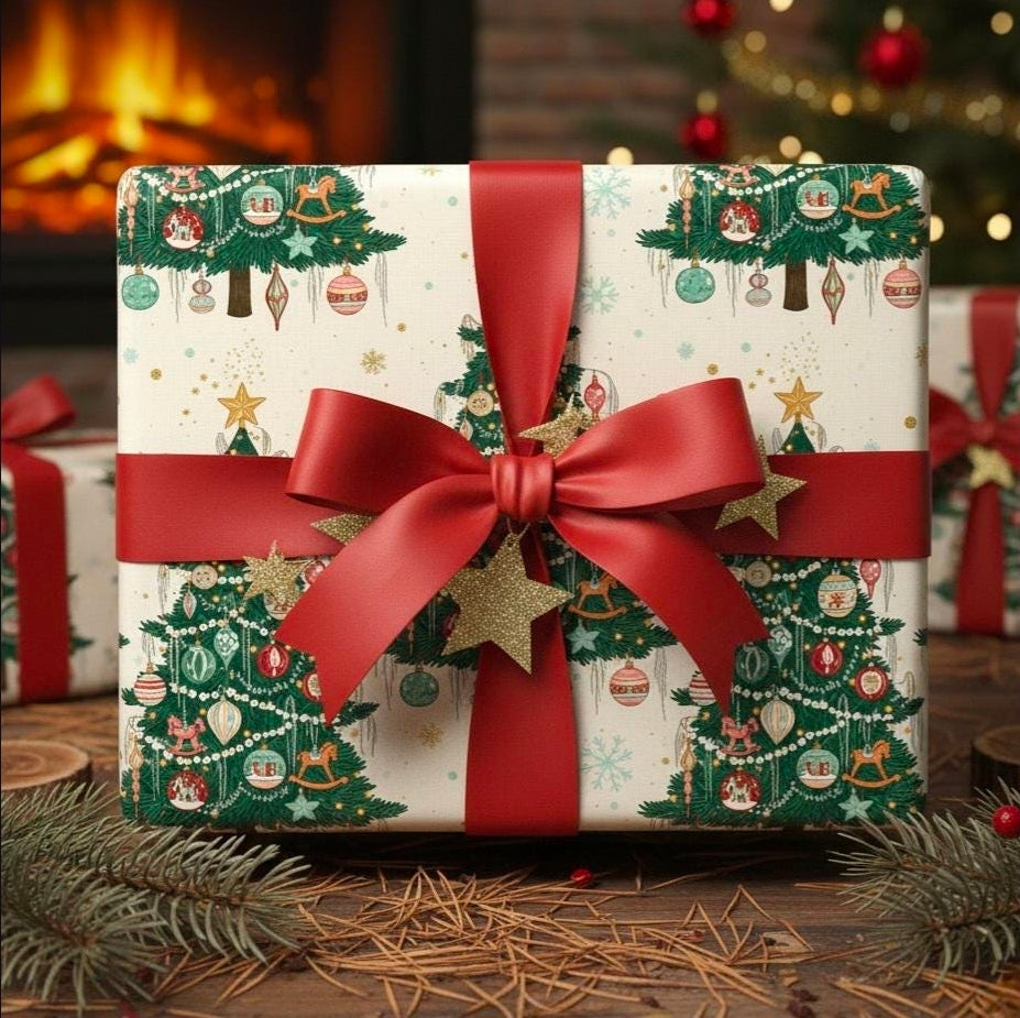 Vintage Christmas Tree Wrapping Paper - Retro Holiday Gift Wrap for Family & Friends, Nostalgic Xmas Ornaments