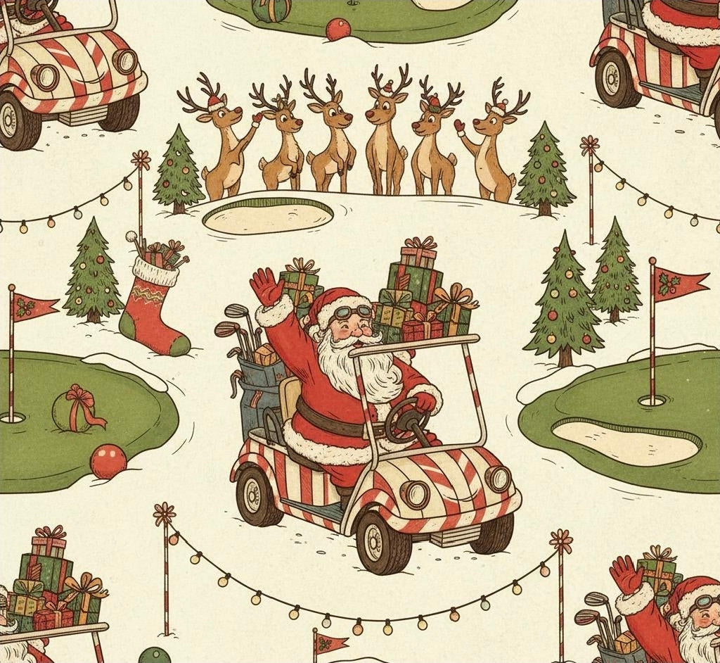 Wrapping Papers, Christmas Santa Golf Cart Pattern, Holiday Gift Wrap, Festive Seamless Design, Cheerful Vintage Style
