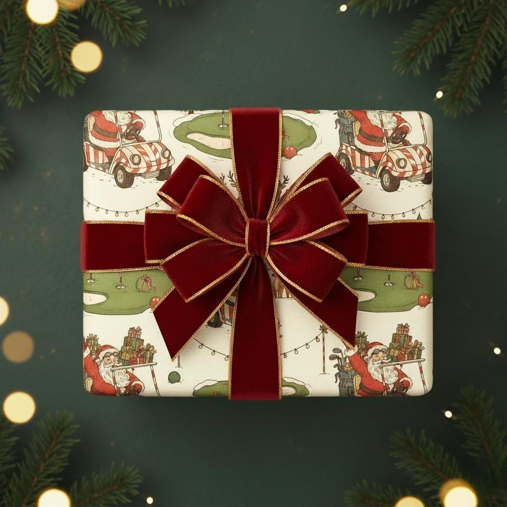 Wrapping Papers, Christmas Santa Golf Cart Pattern, Holiday Gift Wrap, Festive Seamless Design, Cheerful Vintage Style