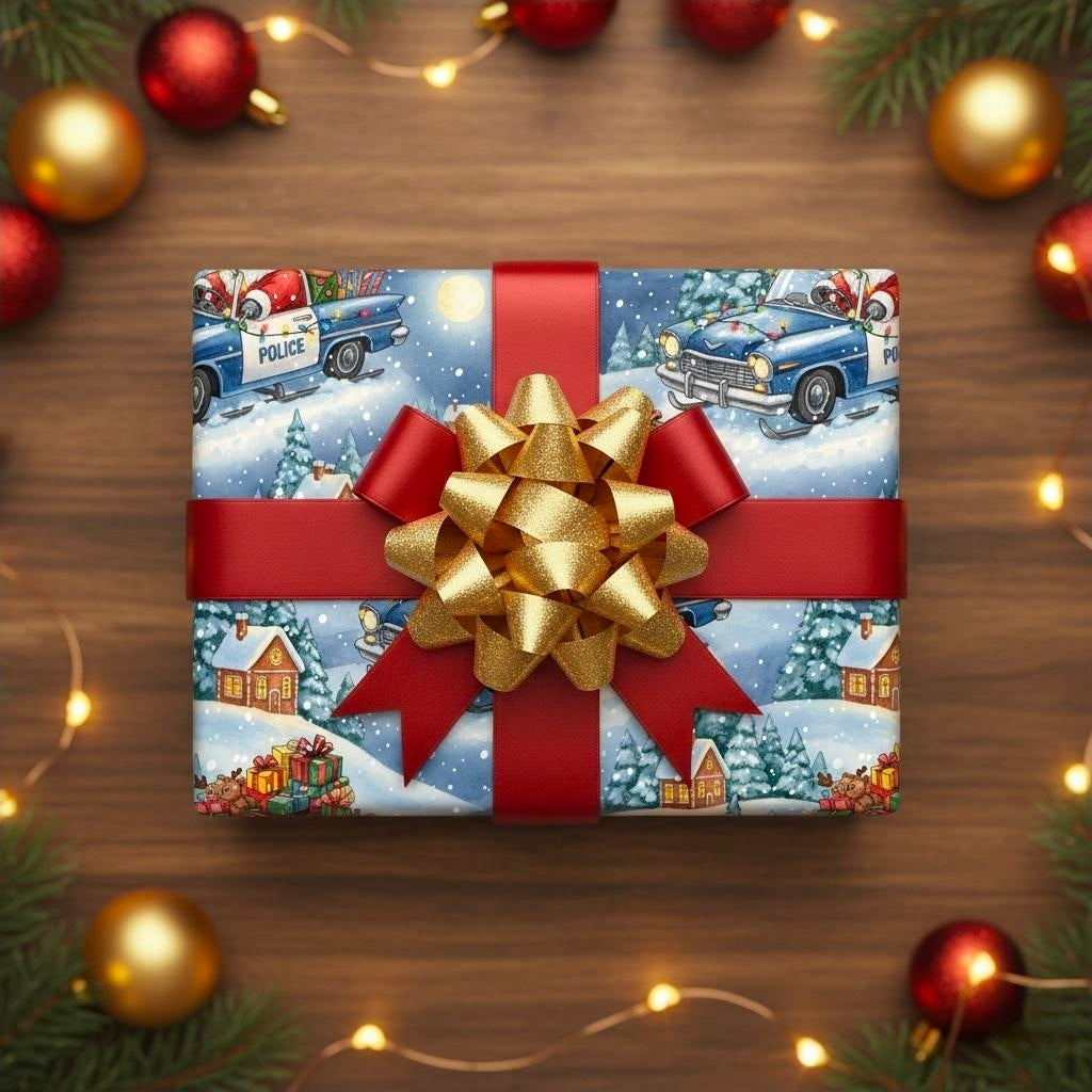 Santa in Police Car Wrapping Paper | Funny Christmas Gift Wrap | Holiday Paper for Police Families | Law Enforcement Xmas Wrap |