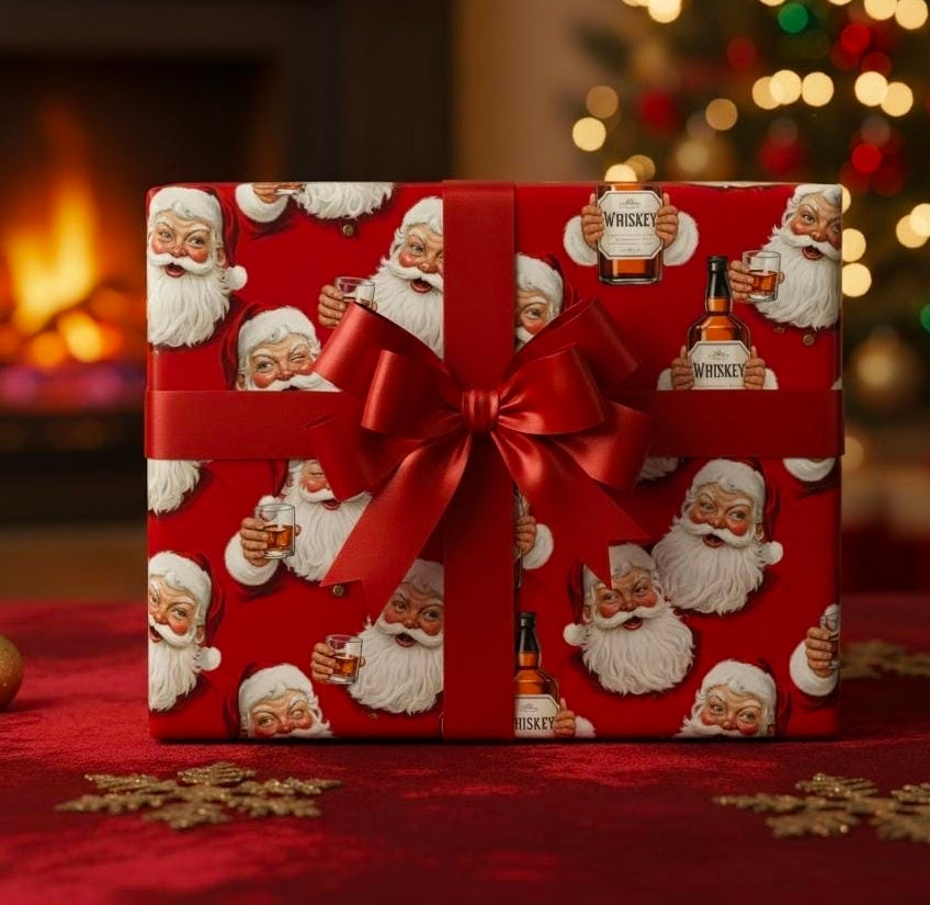 Santa Drinking Whiskey Wrapping Paper, Funny Adult Christmas Gift Wrap, Holiday Humor Packaging, Gag Gift Wrap for Men and Parties